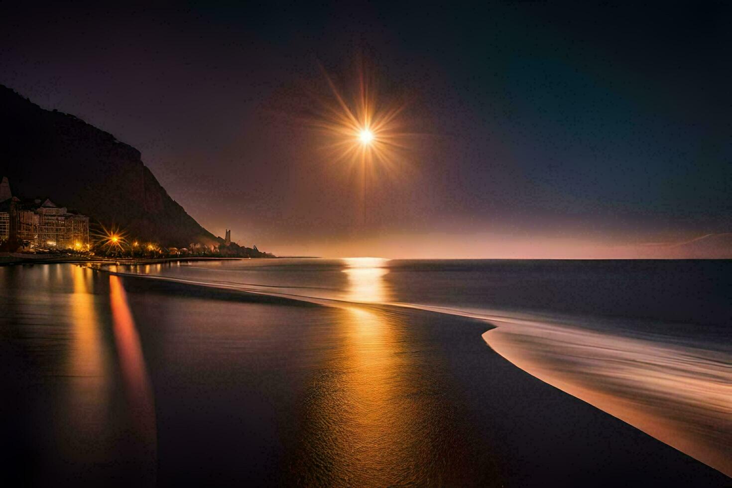 das Mond scheint hell Über das Ozean beim Nacht. KI-generiert foto