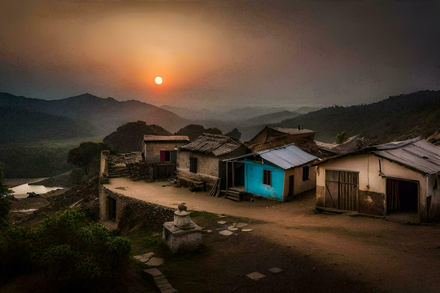 ein Dorf beim Sonnenuntergang mit Blau Häuser. KI-generiert foto