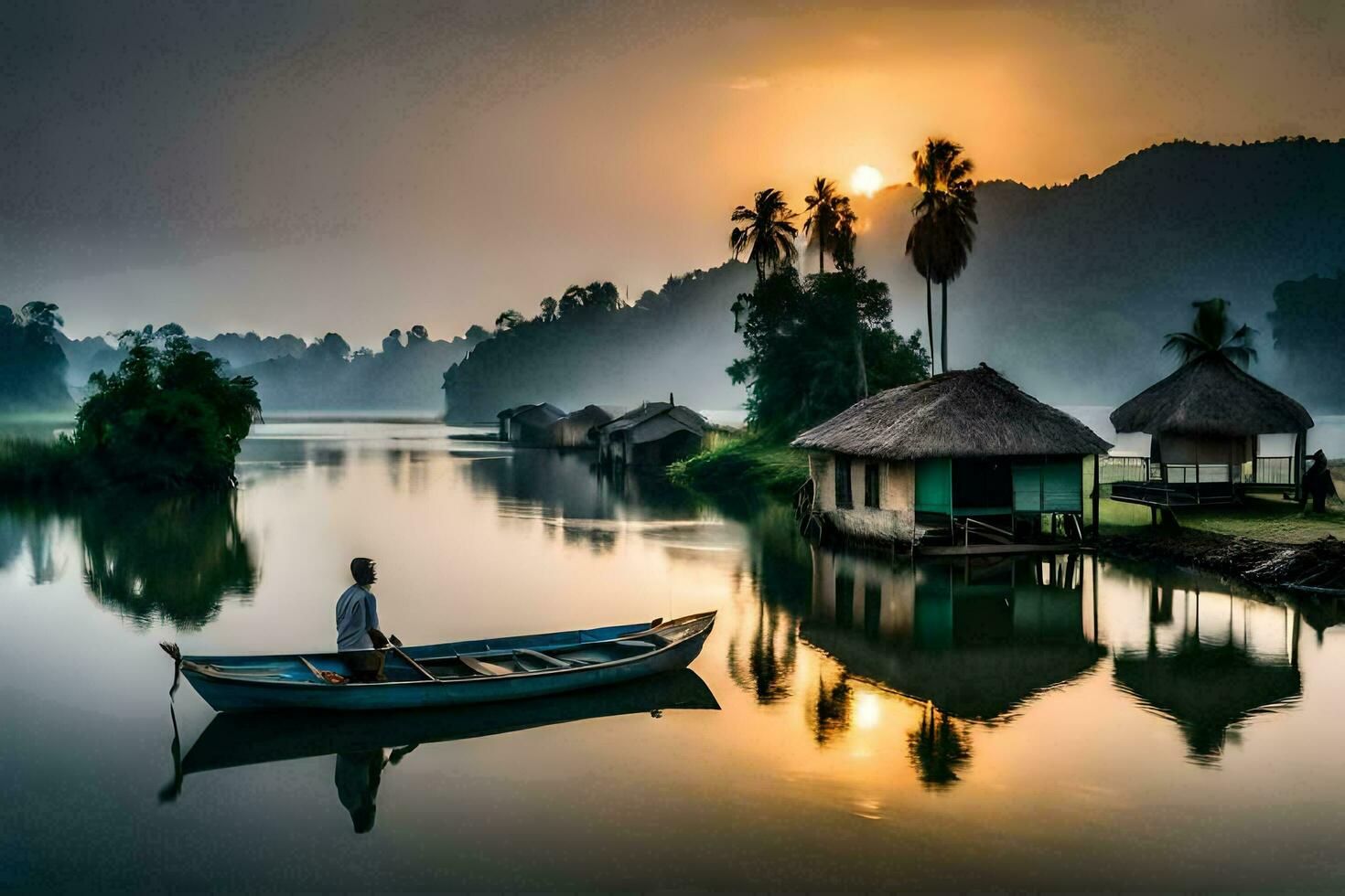 ein Mann im ein Boot auf das Fluss beim Sonnenaufgang. KI-generiert foto