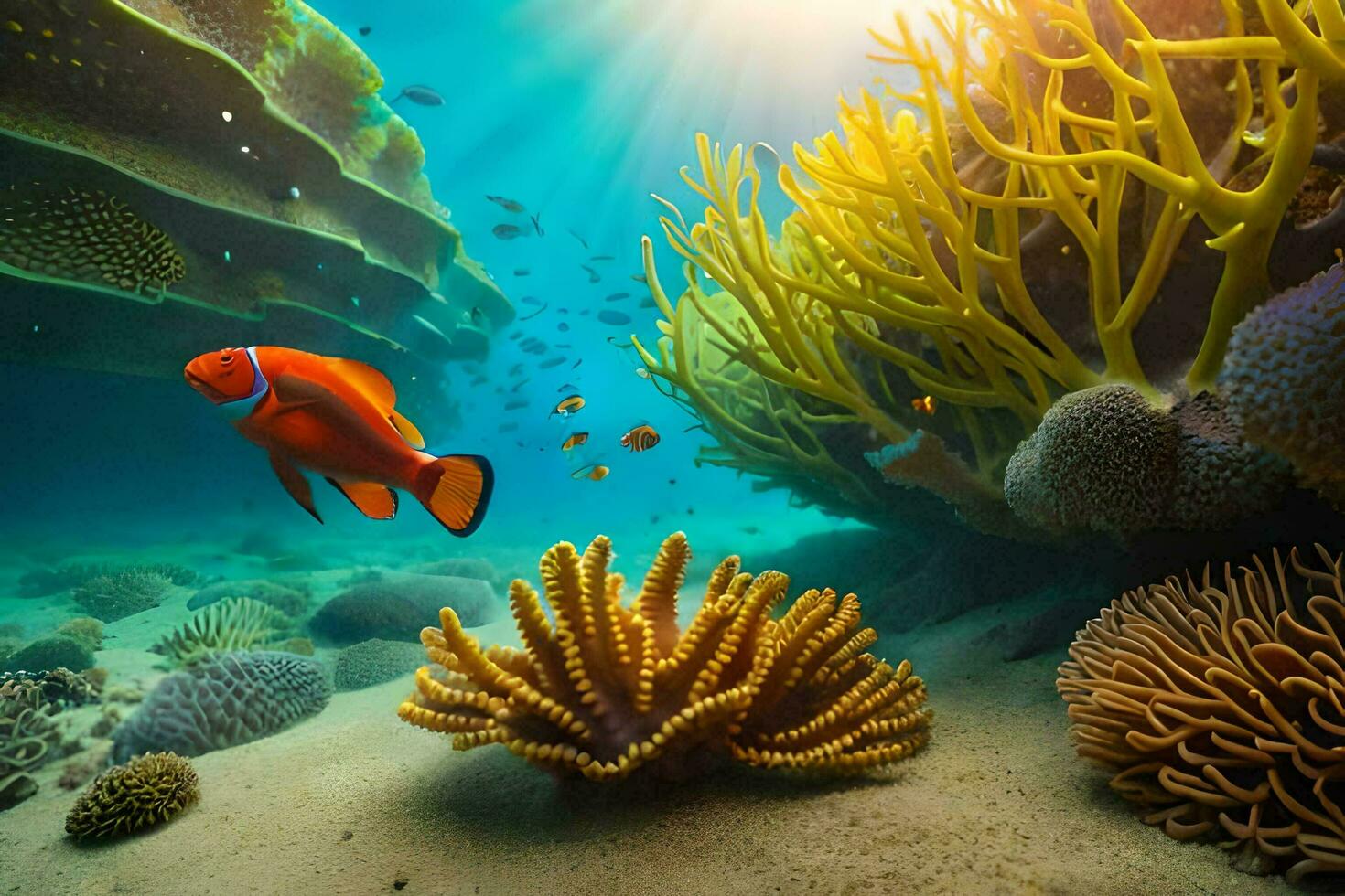 ein Orange Clown Fisch schwimmt im das Ozean mit Koralle und Anemonen. KI-generiert foto