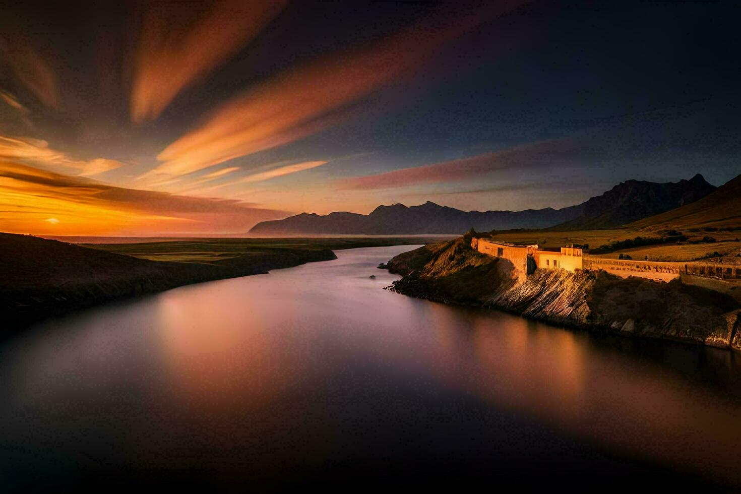 das Sonne setzt Über ein Fluss und Berge. KI-generiert foto