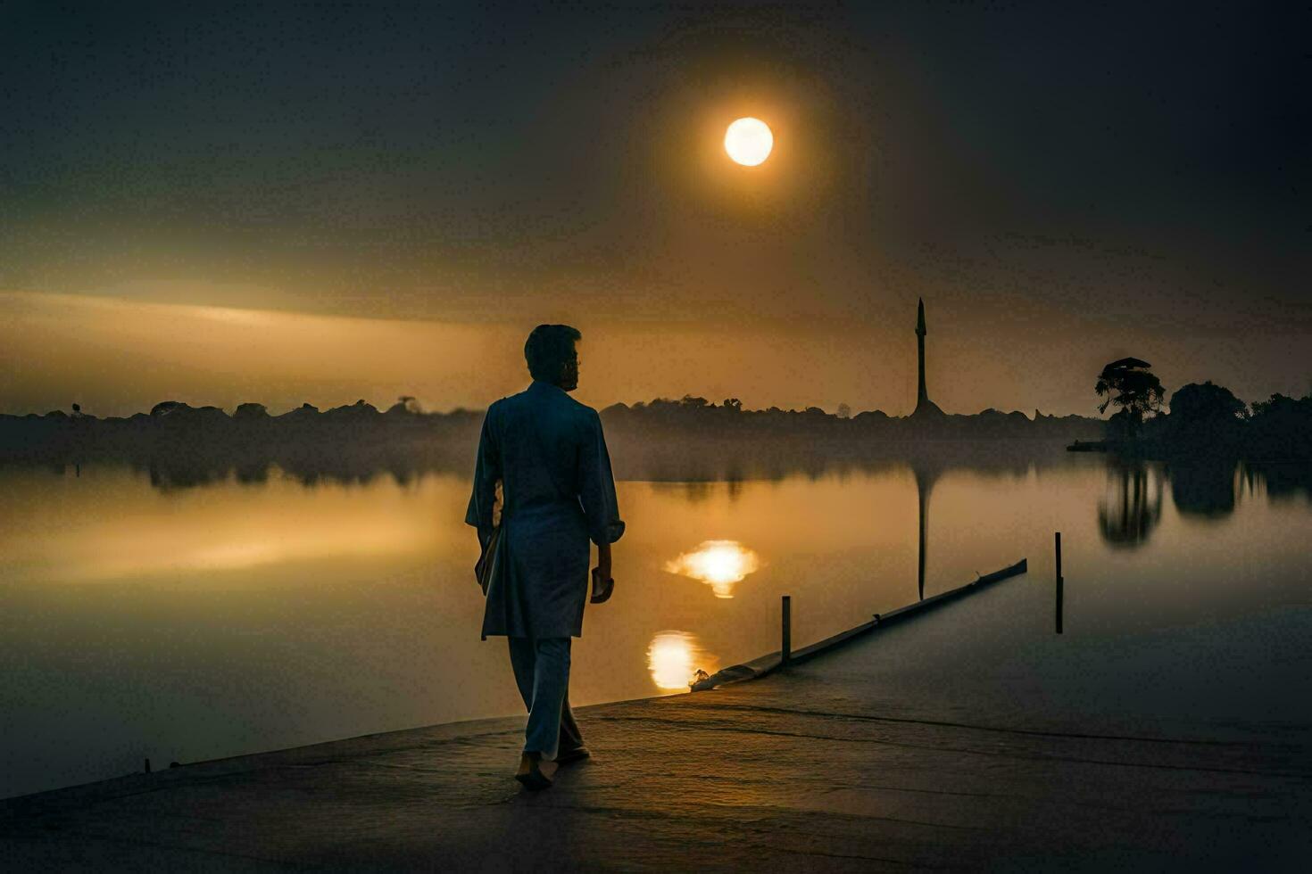 ein Mann Gehen entlang das Wasser beim Sonnenaufgang. KI-generiert foto