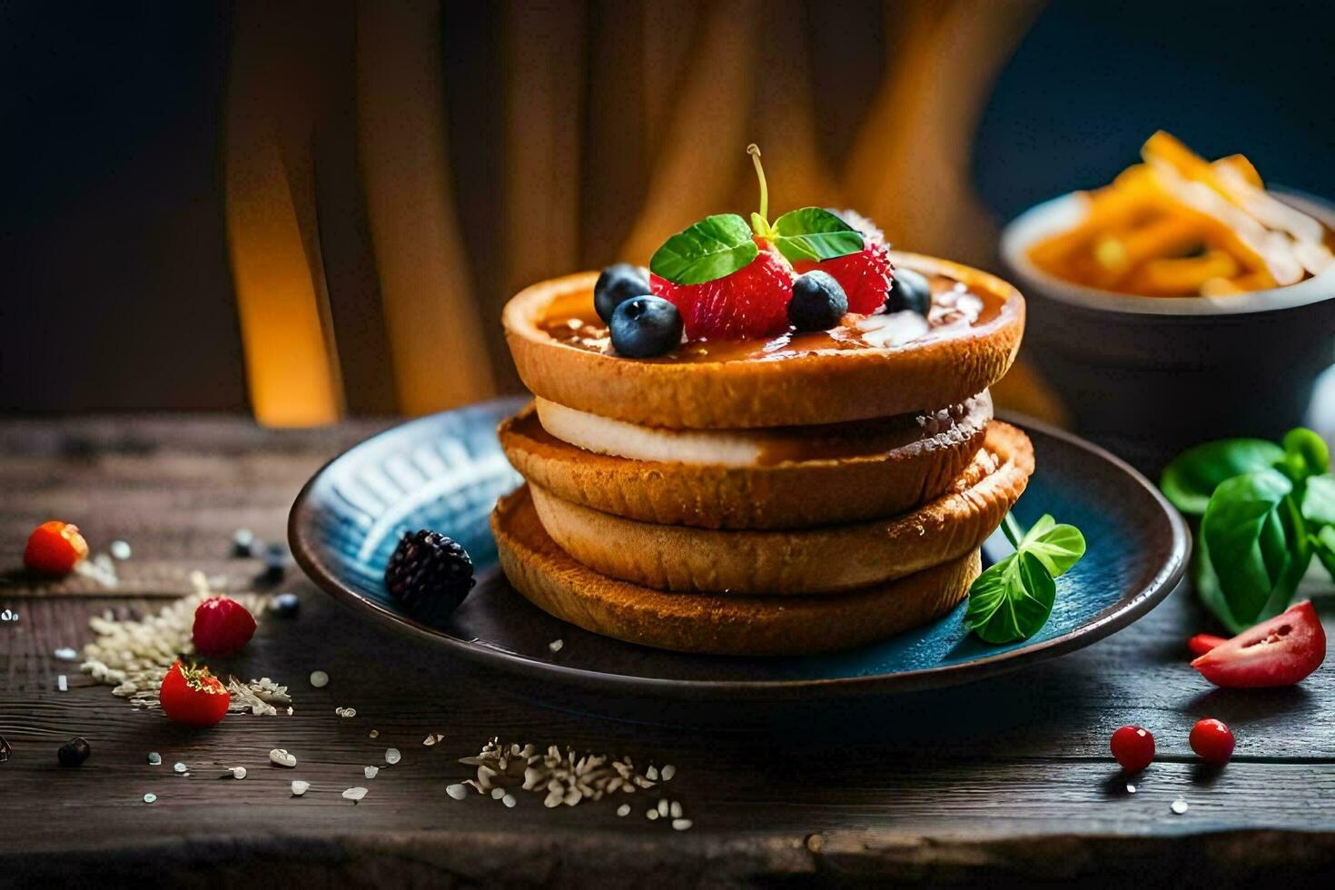 Stapel von Pfannkuchen mit Beeren und Beeren auf oben. KI-generiert foto