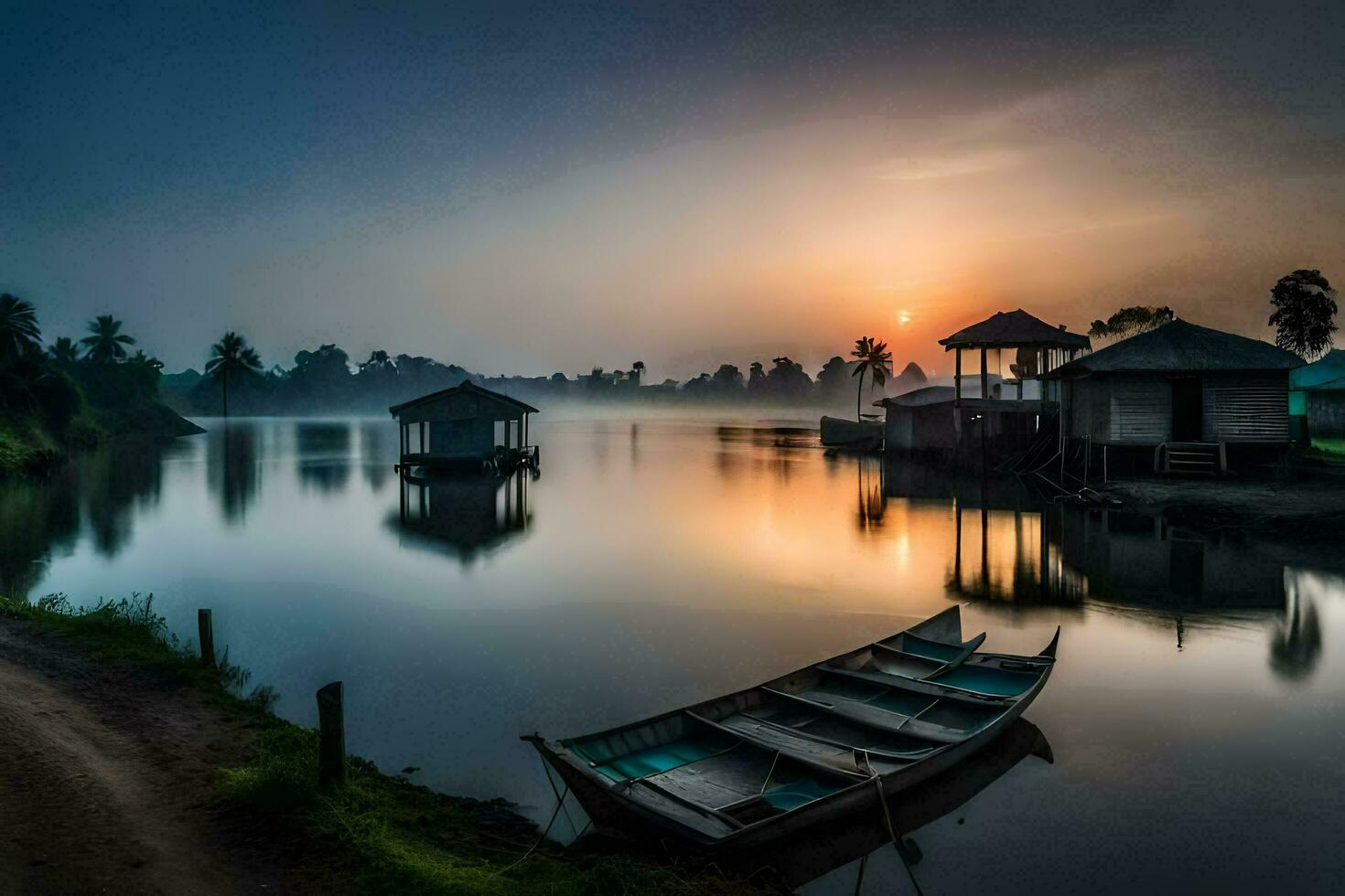 ein Boot sitzt auf das Ufer beim Sonnenaufgang. KI-generiert foto