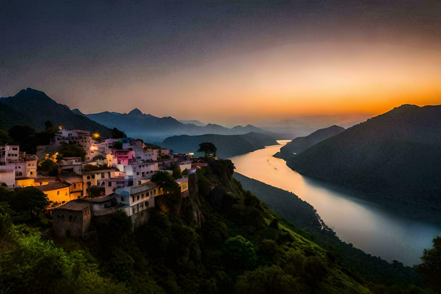 das Dorf von Person ist thront auf das Kante von ein Cliff mit Blick auf das Fluss. KI-generiert foto