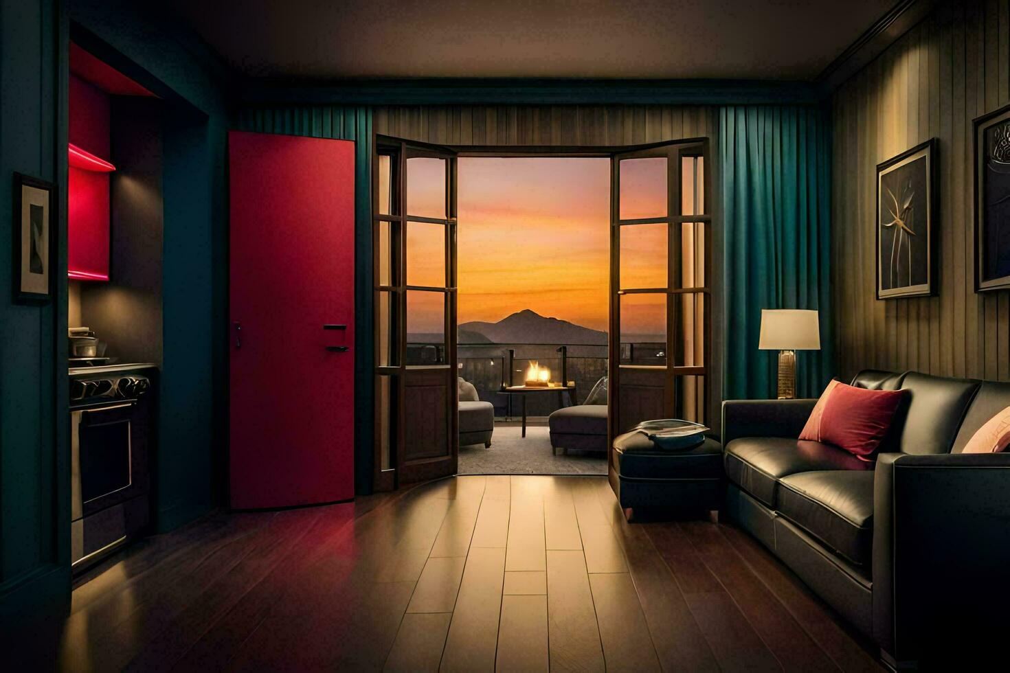 ein Leben Zimmer mit ein Aussicht von das Sonnenuntergang. KI-generiert foto