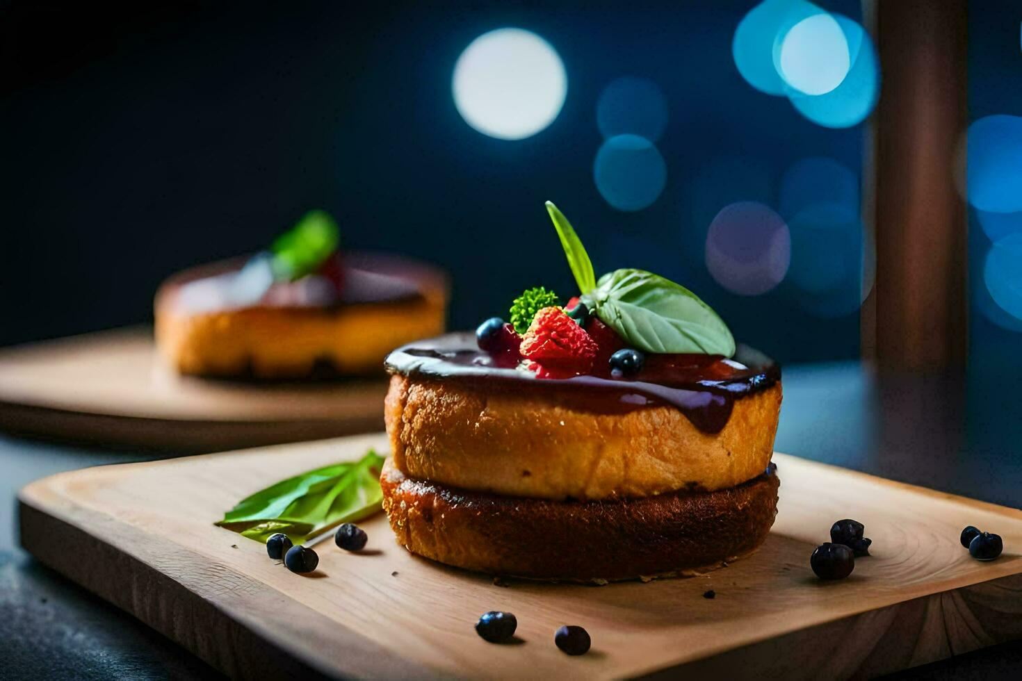 ein Dessert auf ein hölzern Tafel mit Beeren. KI-generiert foto