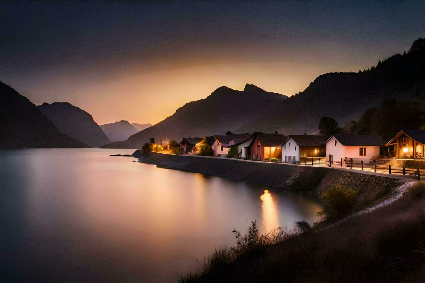 ein Dorf ist gesehen beim Sonnenuntergang auf das Ufer von ein See. KI-generiert foto