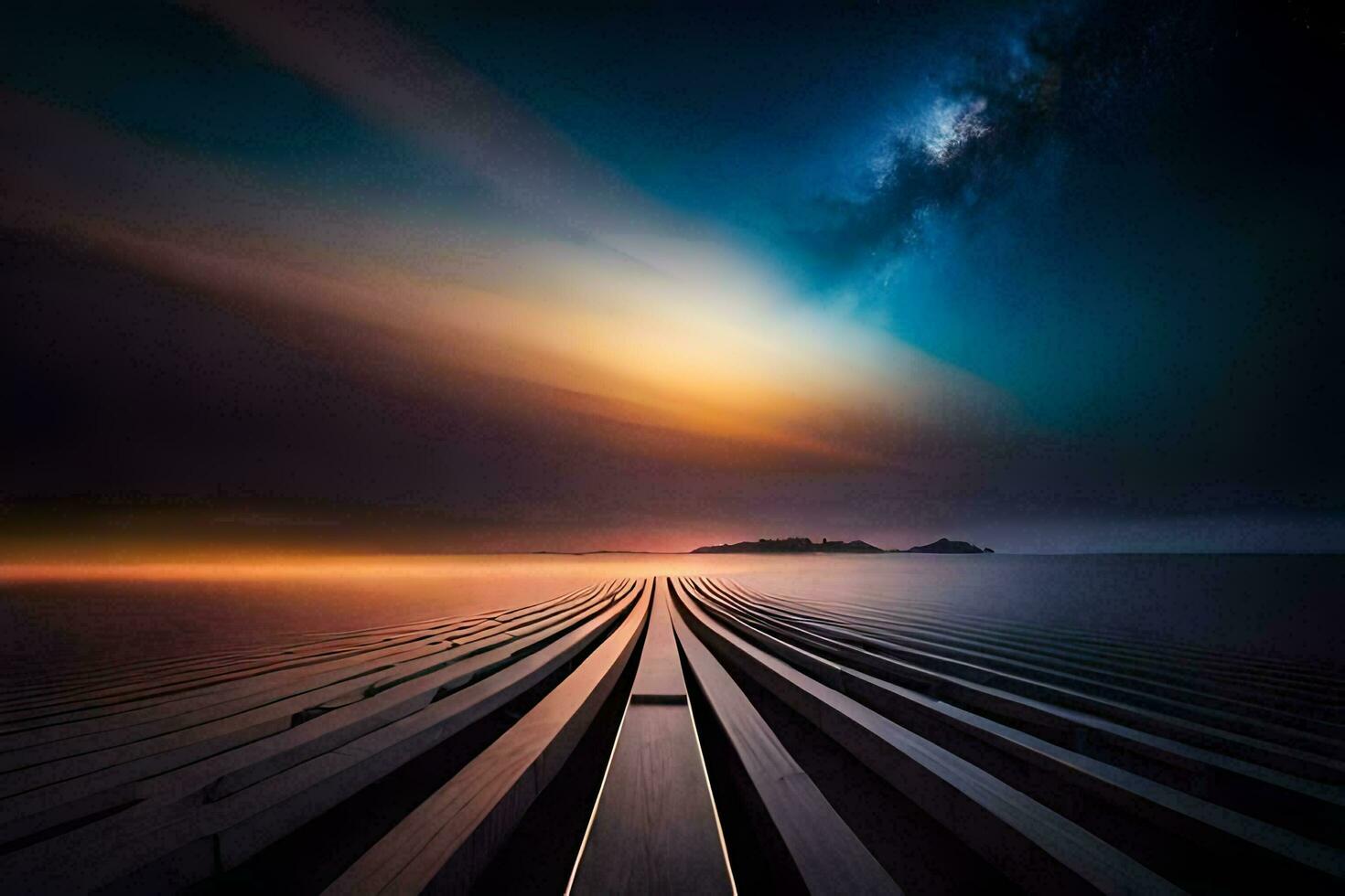 ein lange Exposition fotografieren von ein lange Seebrücke mit ein Himmel und ein milchig Weg. KI-generiert foto
