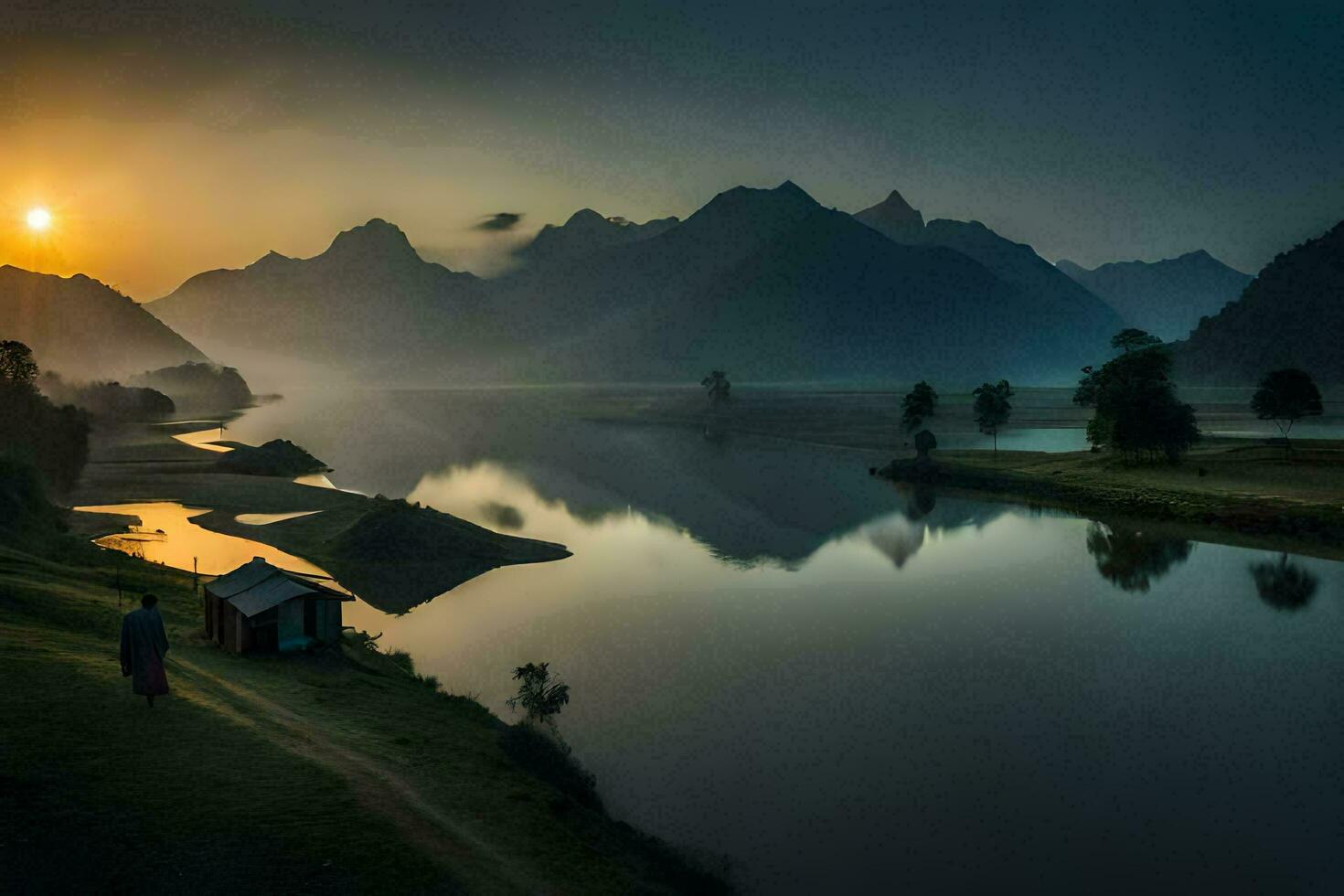 das Sonne steigt an Über ein See und Berge. KI-generiert foto