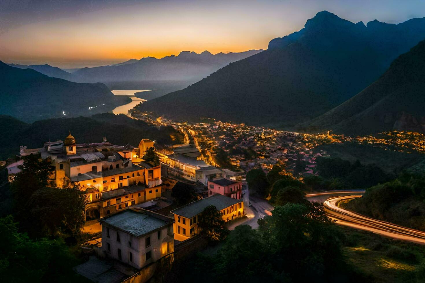 Foto Hintergrund das Himmel, Berge, Stadt, Sonnenuntergang, das Stadt, das Stadt, das Stadt. KI-generiert