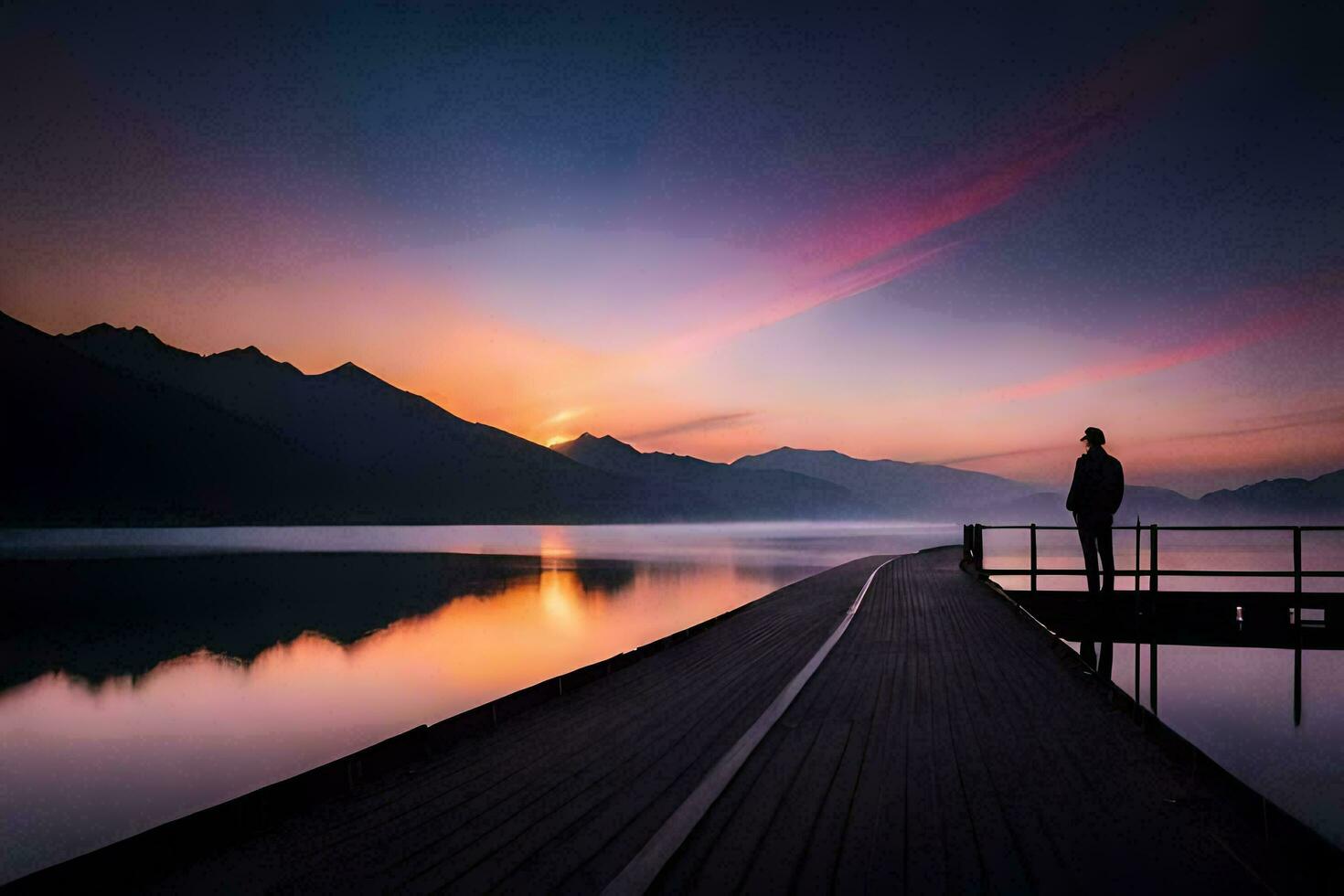 ein Mann steht auf ein Dock beim Sonnenuntergang. KI-generiert foto