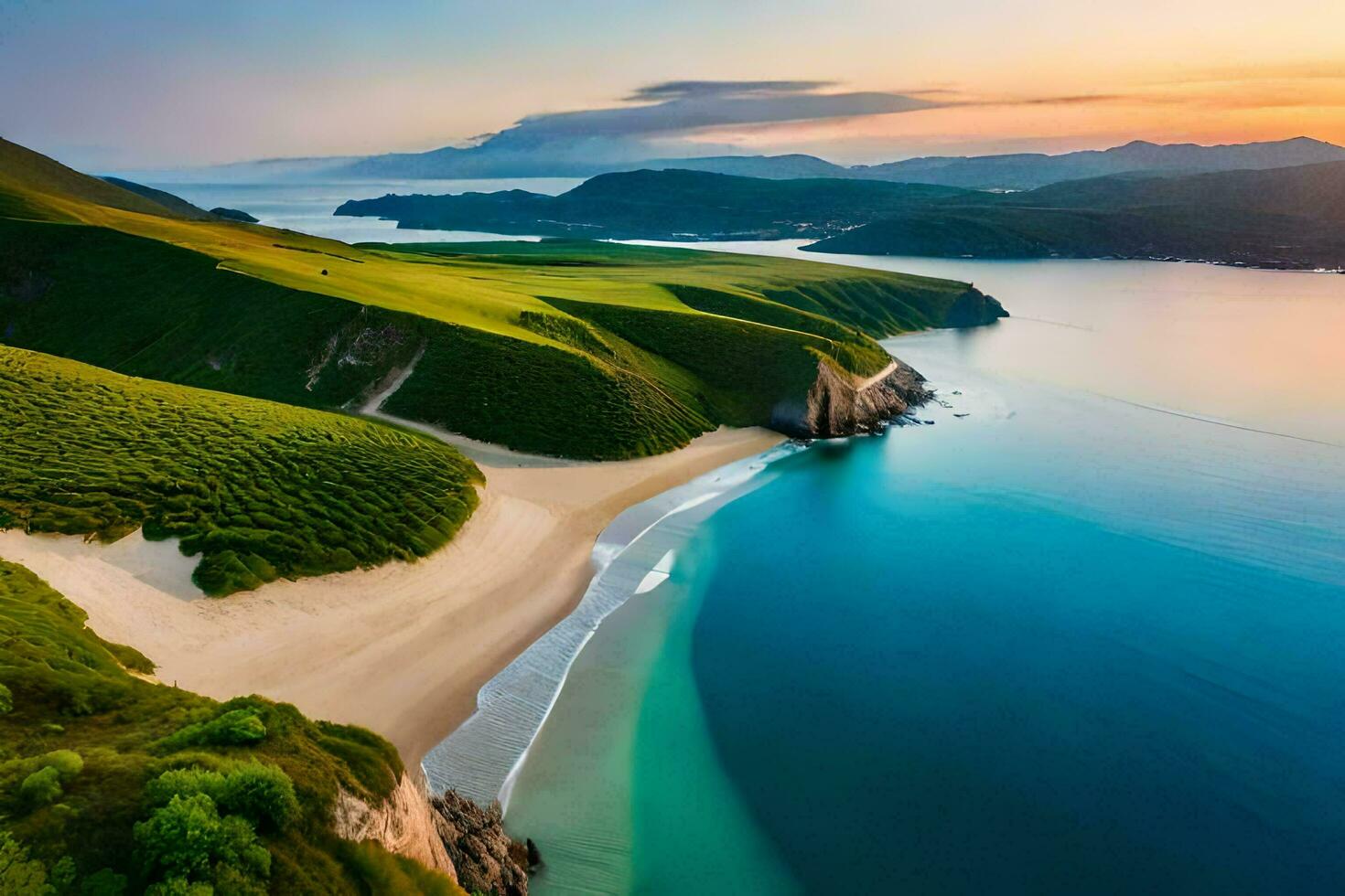 das schön Strand und Grün Hügel beim Sonnenuntergang. KI-generiert foto