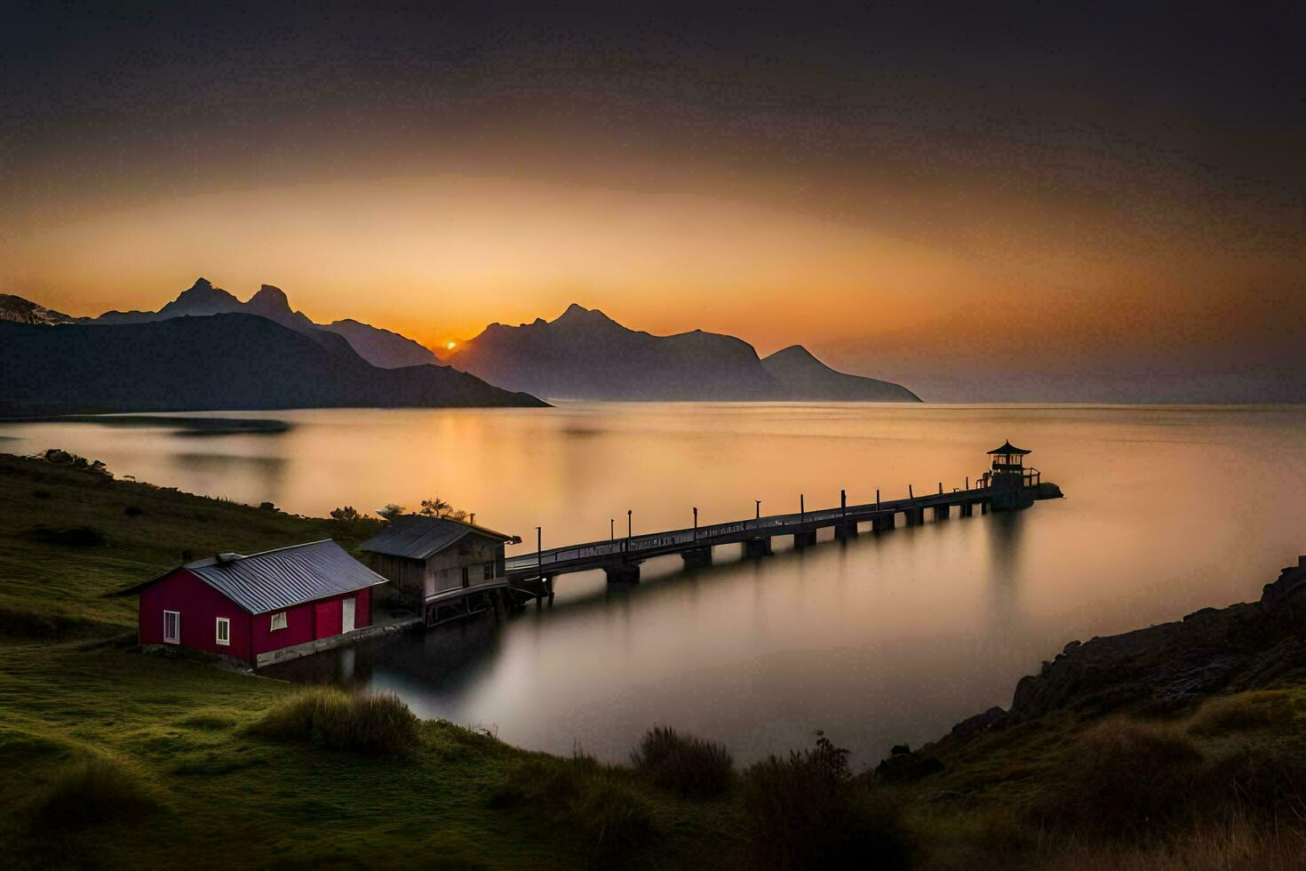 ein rot Haus sitzt auf das Ufer von ein See beim Sonnenuntergang. KI-generiert foto