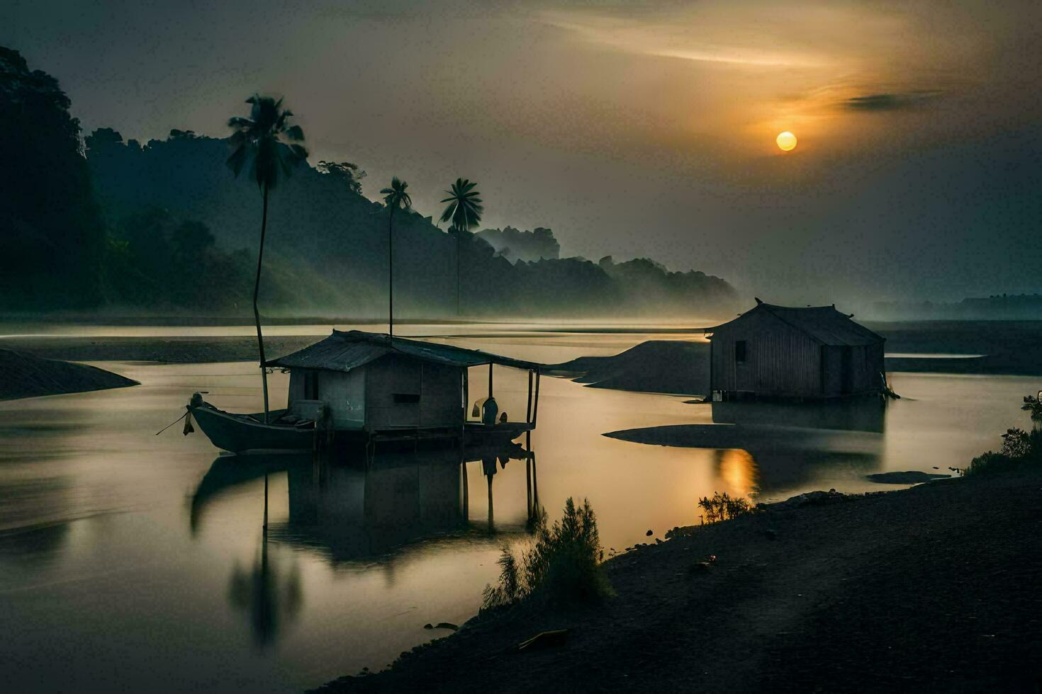 ein Boot sitzt auf das Ufer von ein Fluss beim Sonnenuntergang. KI-generiert foto