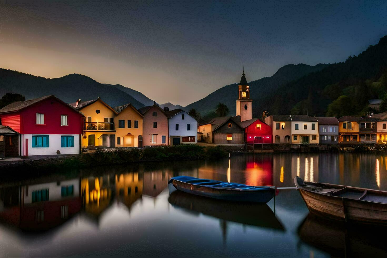 ein klein Stadt, Dorf mit Boote auf das Wasser beim Nacht. KI-generiert foto