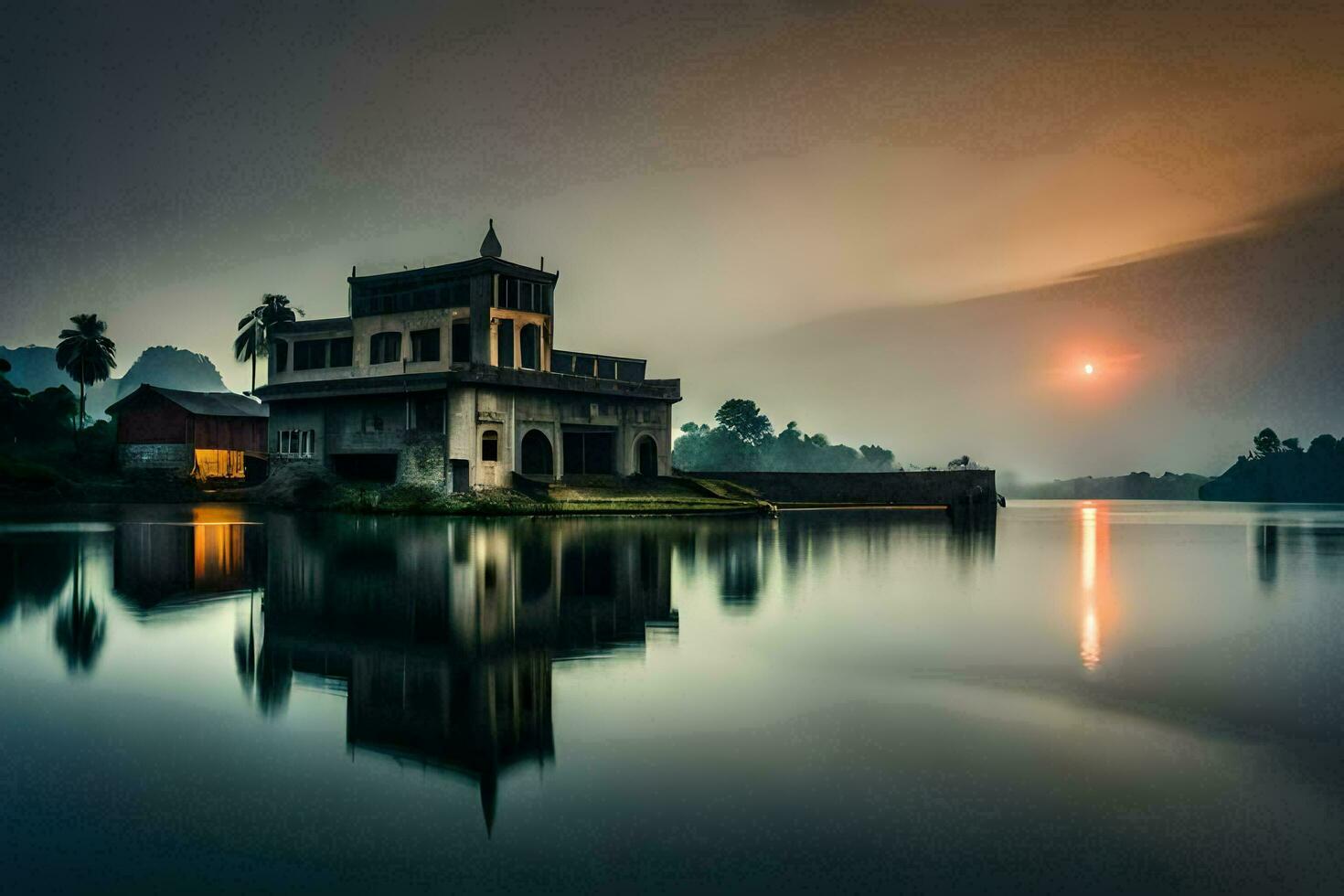 ein Haus sitzt auf das Ufer von ein See beim Sonnenuntergang. KI-generiert foto