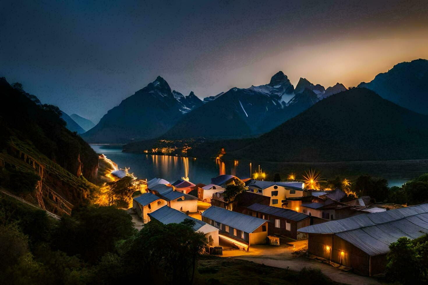 ein Stadt, Dorf im das Berge beim Nacht. KI-generiert foto