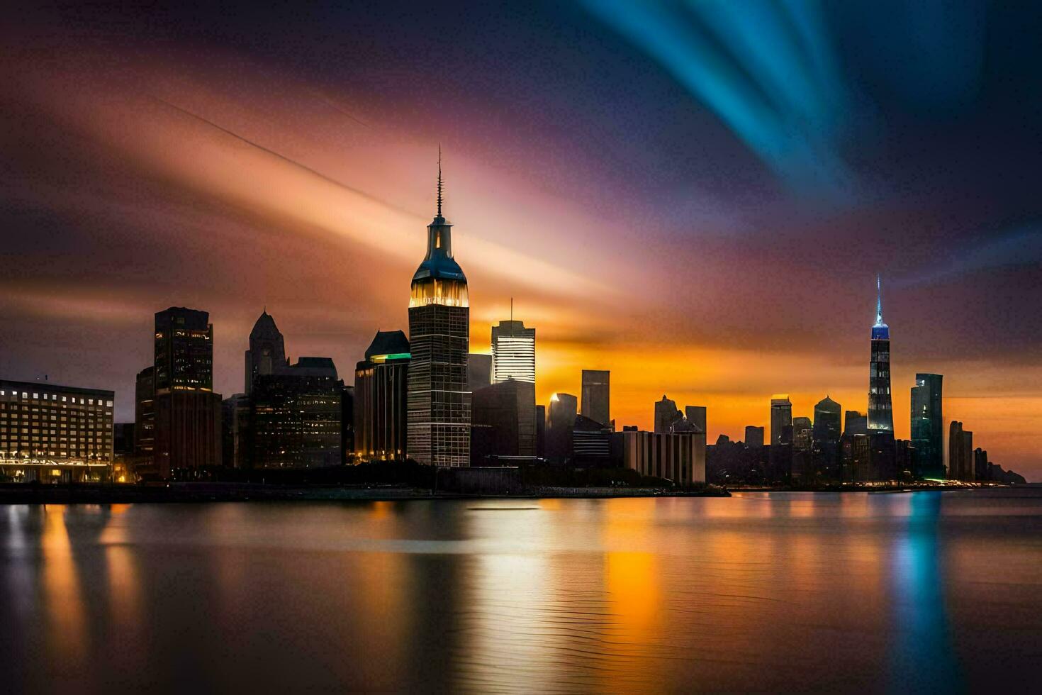 das Stadt Horizont beim Sonnenuntergang mit ein bunt Himmel. KI-generiert foto