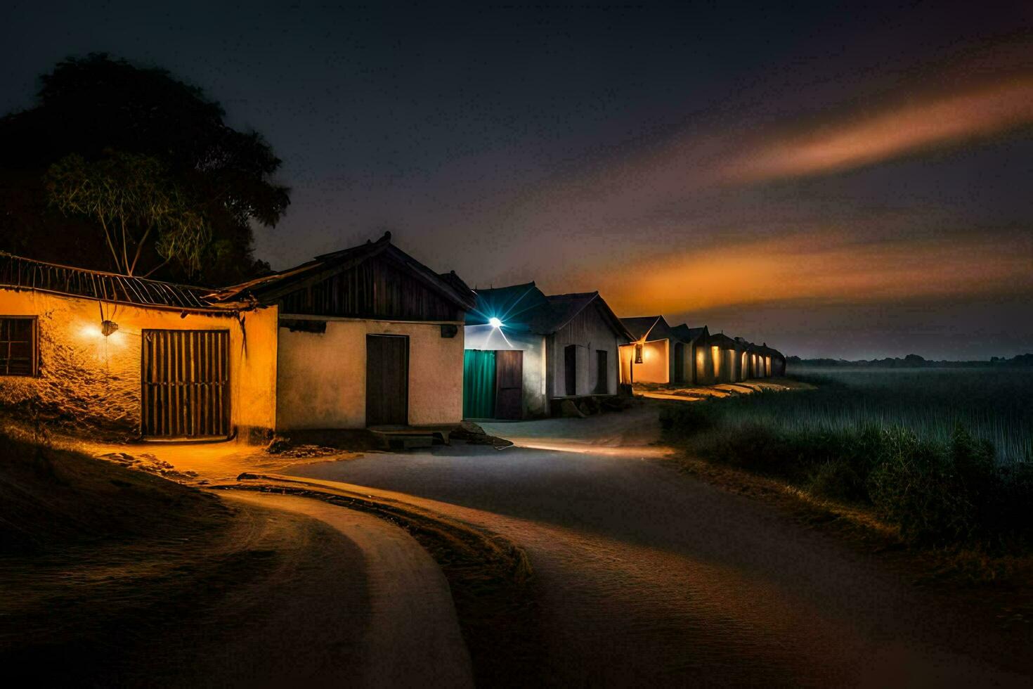 ein lange Straße führen zu ein klein Dorf beim Nacht. KI-generiert foto