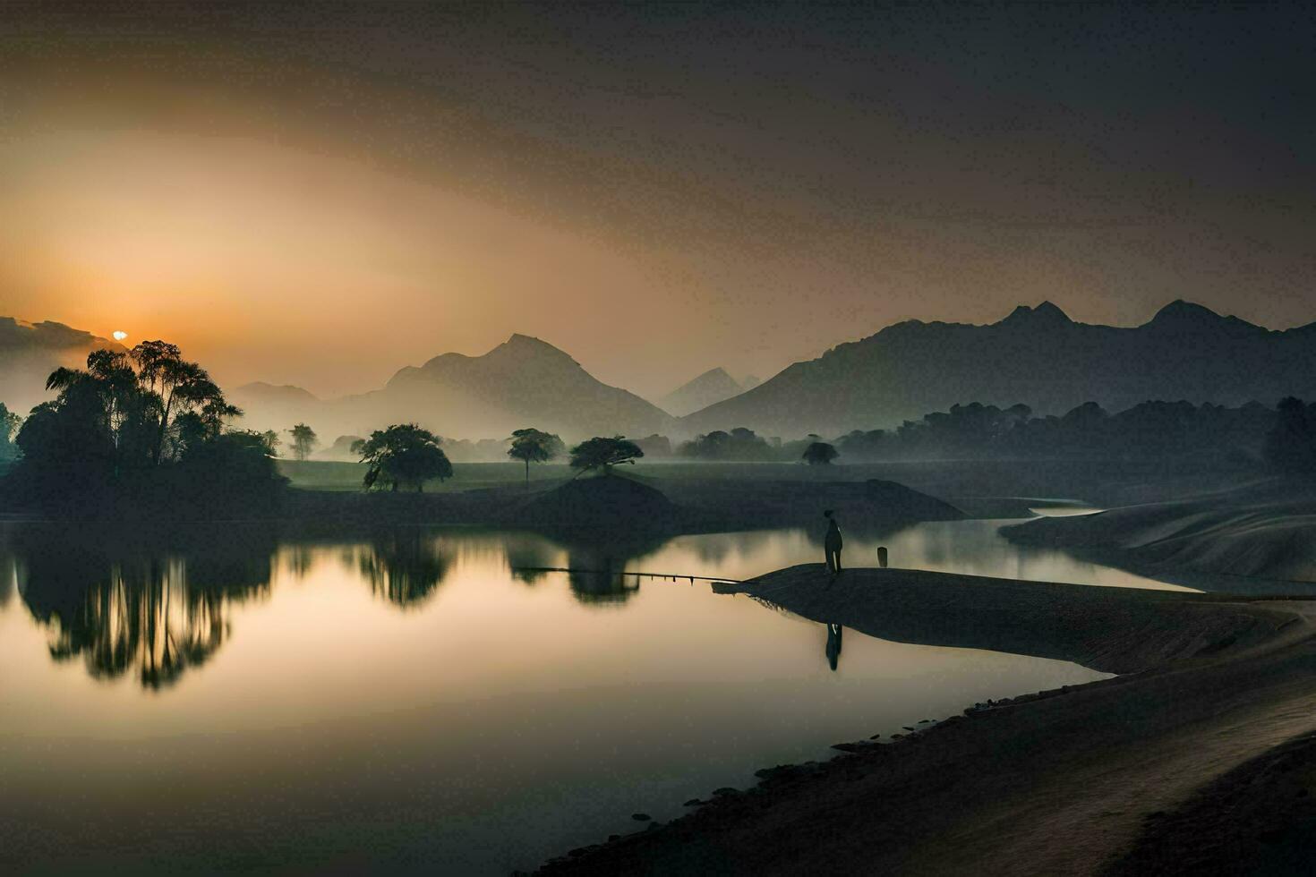 ein Mann steht auf das Ufer von ein Fluss beim Sonnenaufgang. KI-generiert foto