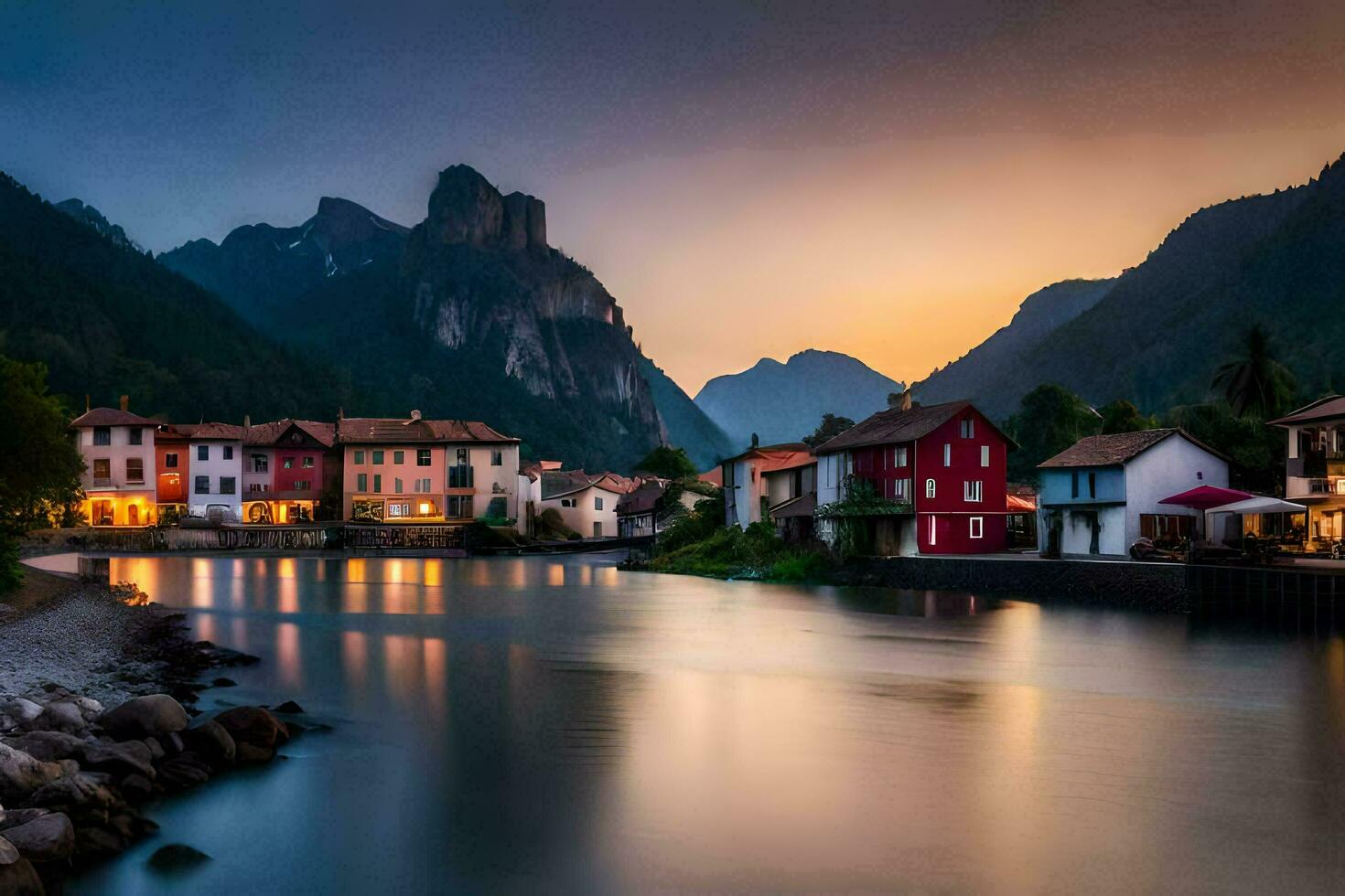 Foto Hintergrund das Himmel, Berge, Wasser, das Fluss, das Berge, das Stadt, Die. KI-generiert