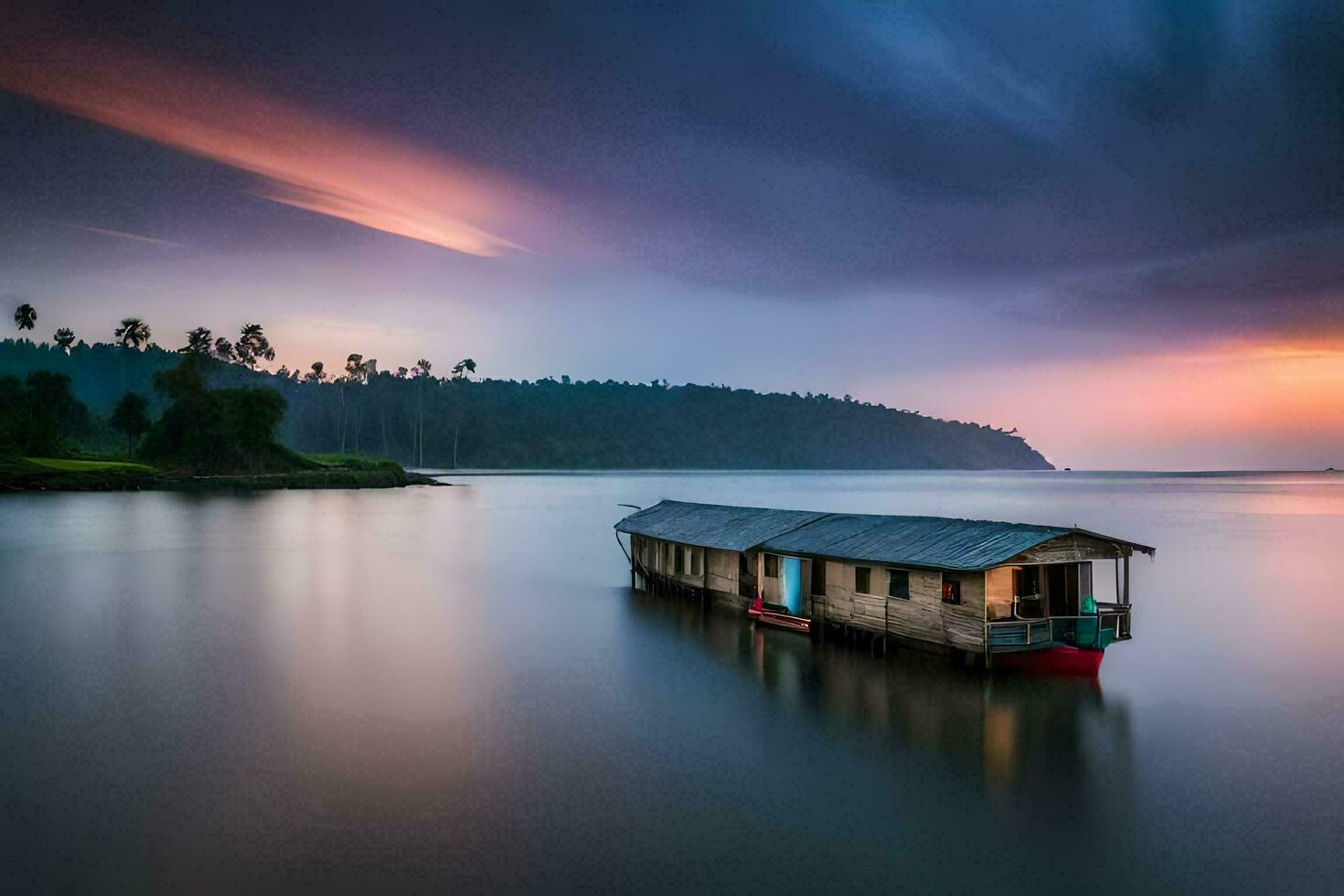 ein Hausboot ist schwebend im das Wasser beim Sonnenuntergang. KI-generiert foto