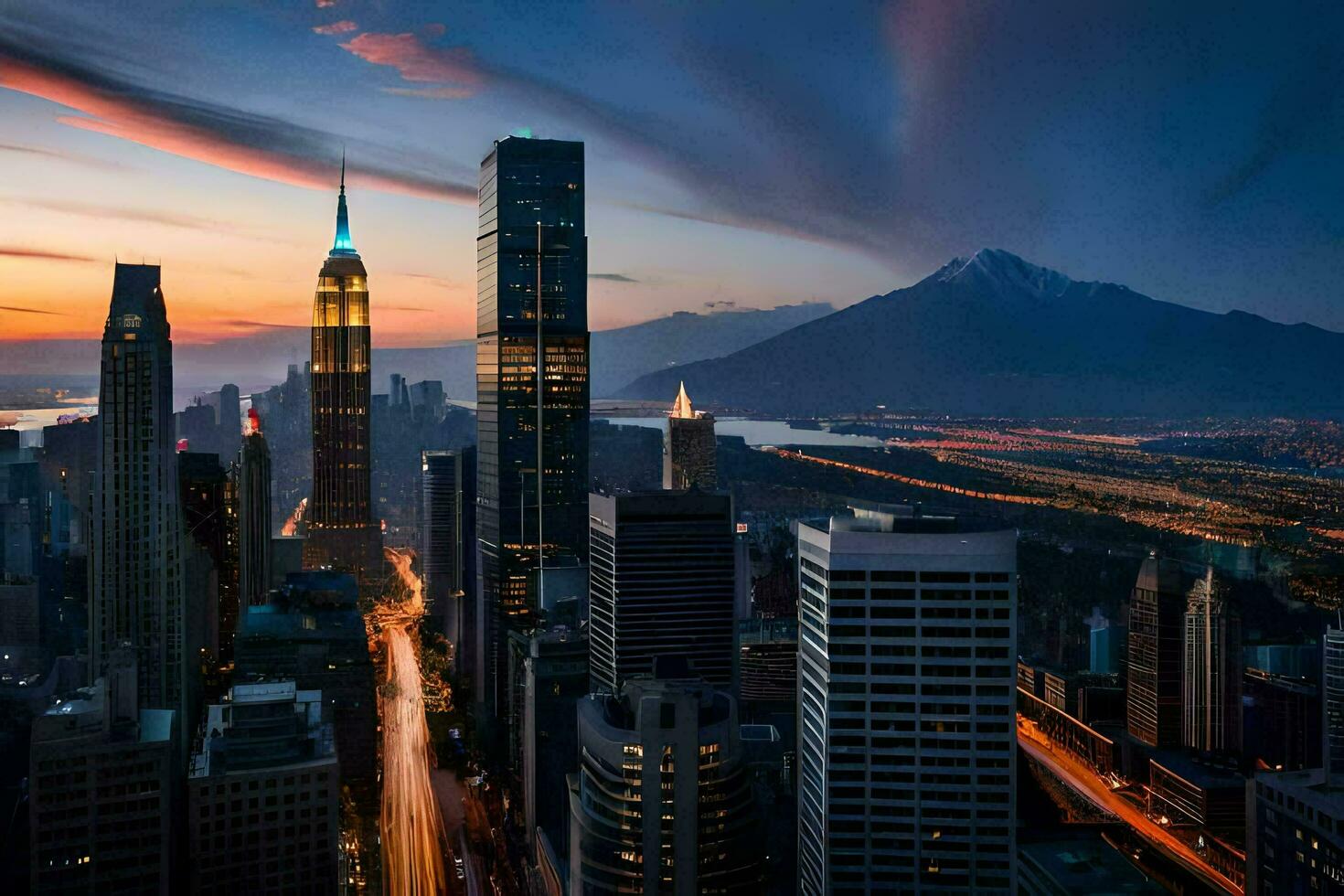 das Stadt Horizont beim Sonnenuntergang mit Berge im das Hintergrund. KI-generiert foto