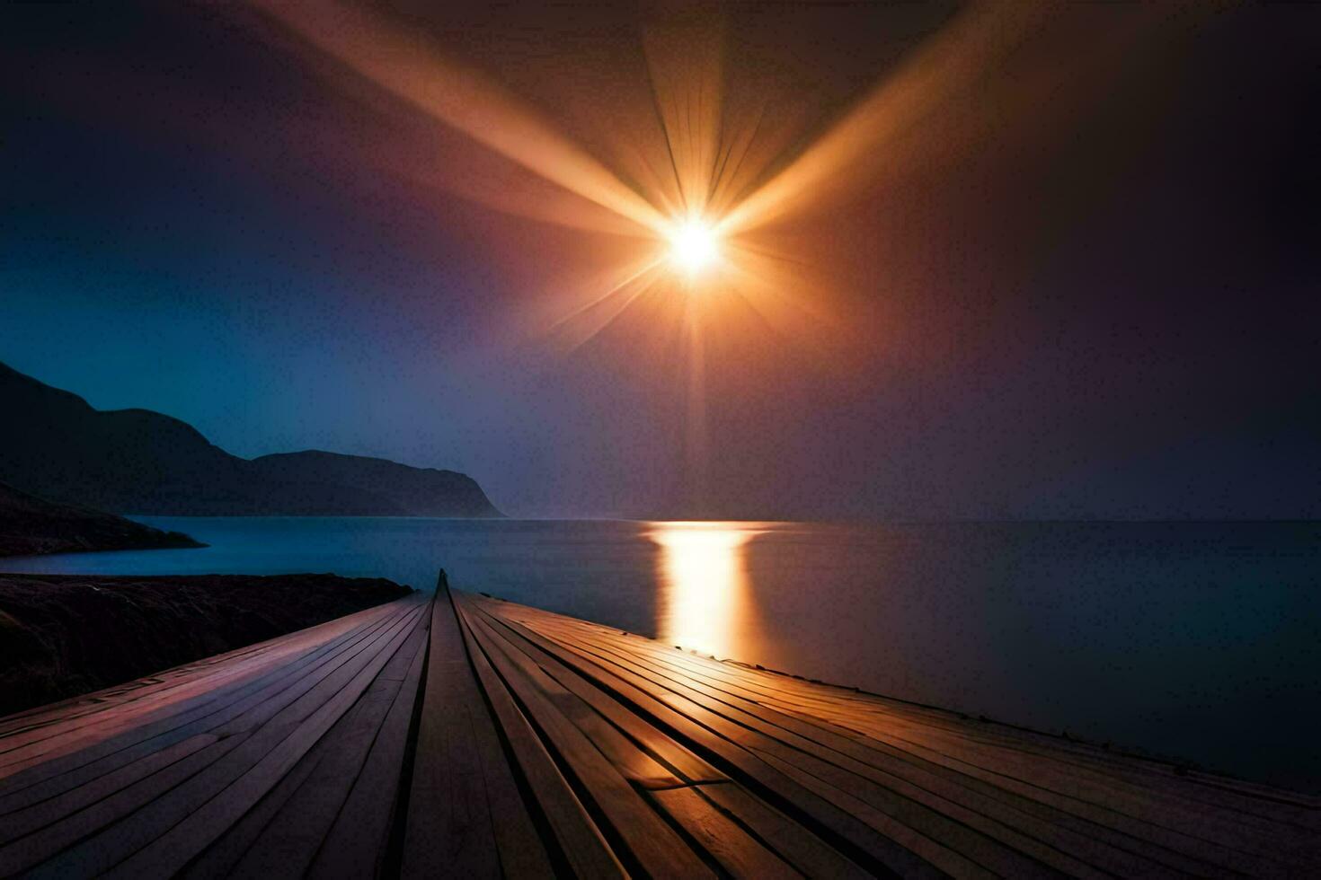 ein Seebrücke beim Nacht mit das Sonne leuchtenden. KI-generiert foto