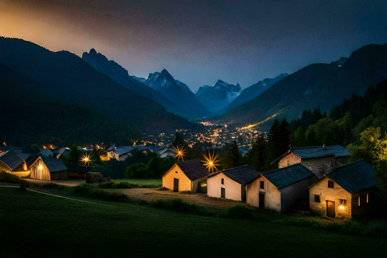 Foto Hintergrund das Himmel, Berge, Nacht, das Dorf, das Alpen, Frankreich. KI-generiert