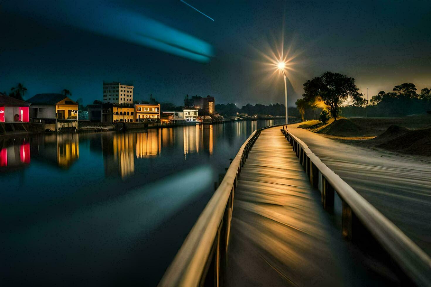 ein lange Exposition Foto von ein Fluss beim Nacht. KI-generiert