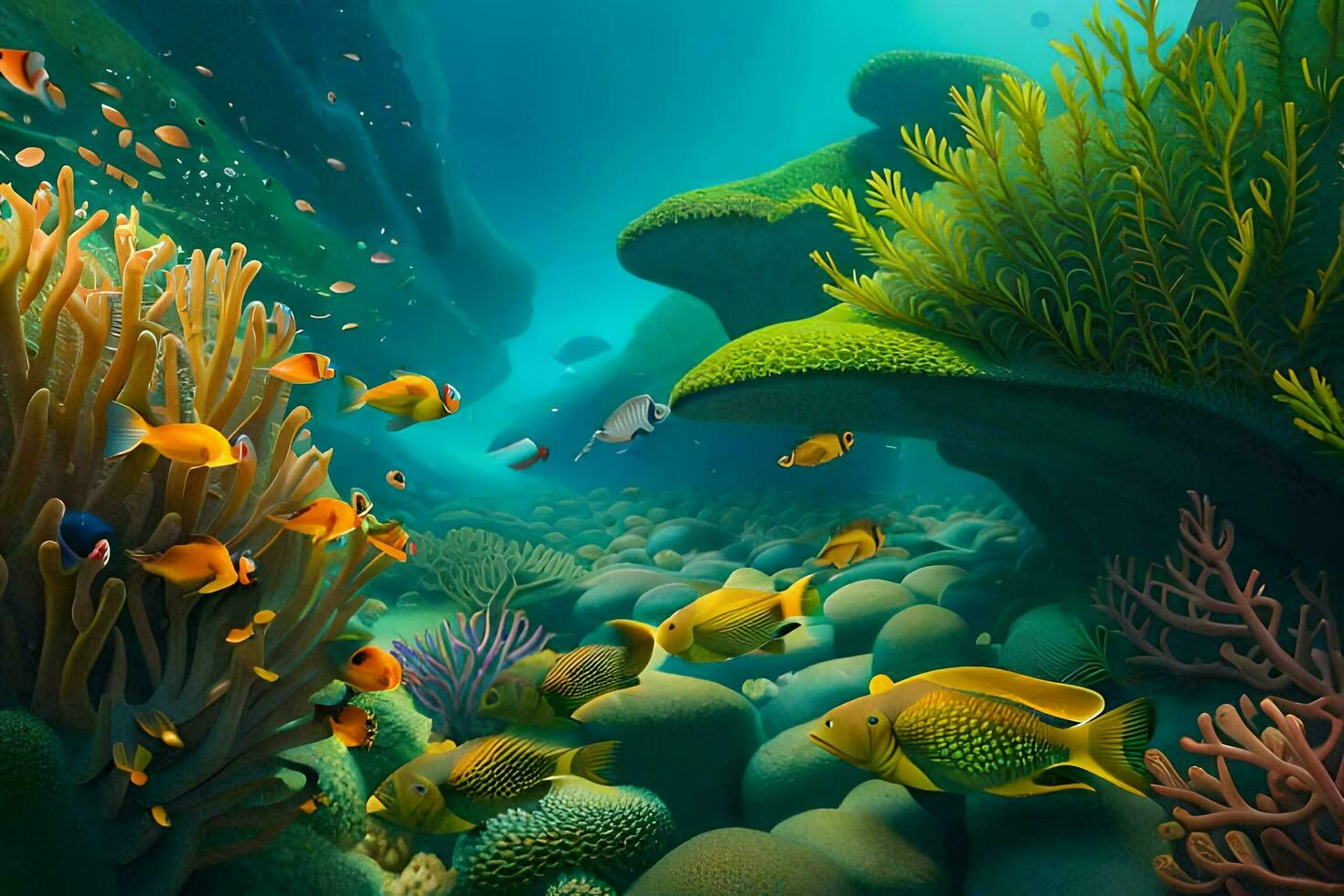 ein bunt unter Wasser Szene mit Koralle Riffe und Fisch. KI-generiert foto
