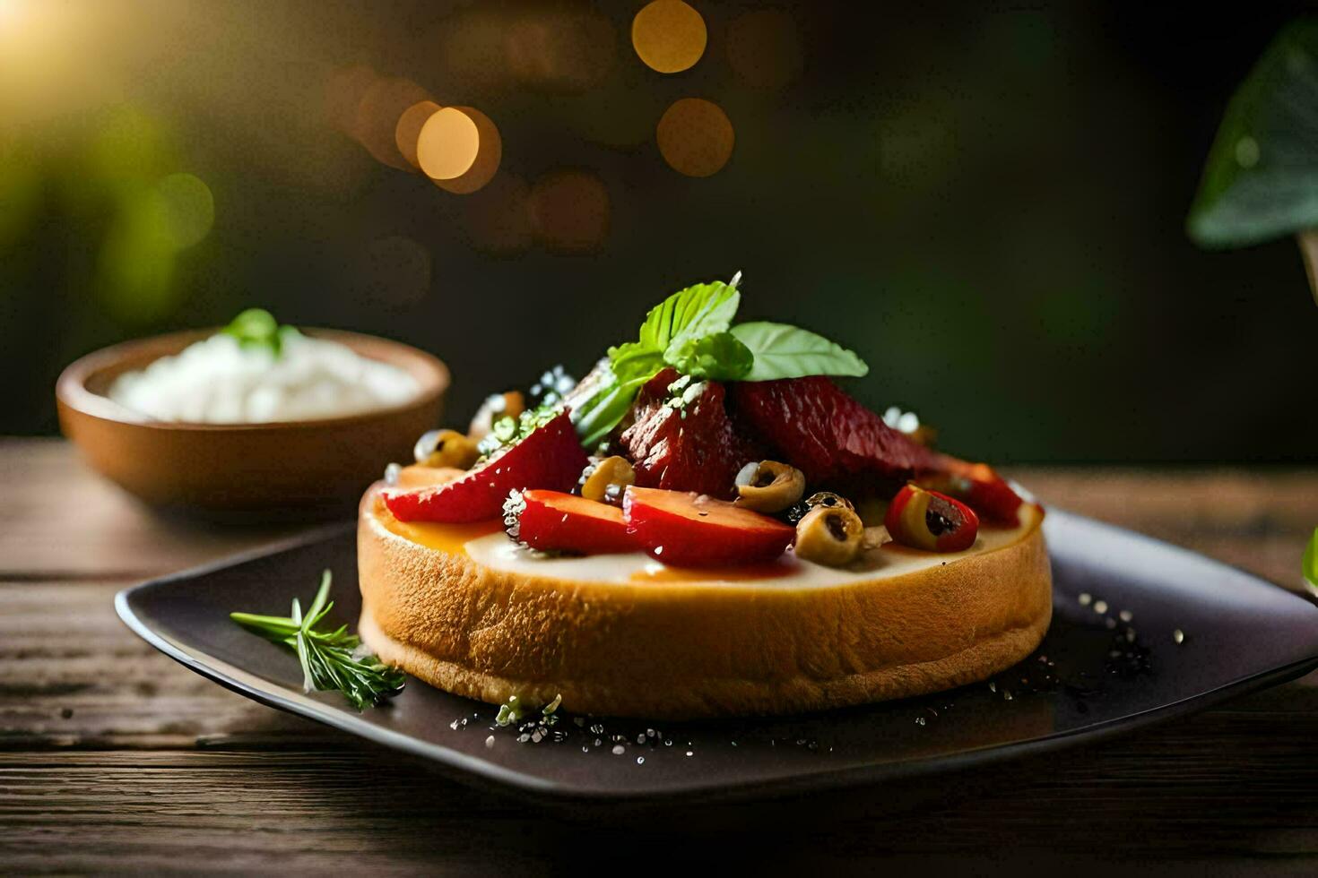 ein Dessert mit Erdbeeren und Oliven auf ein Platte. KI-generiert foto