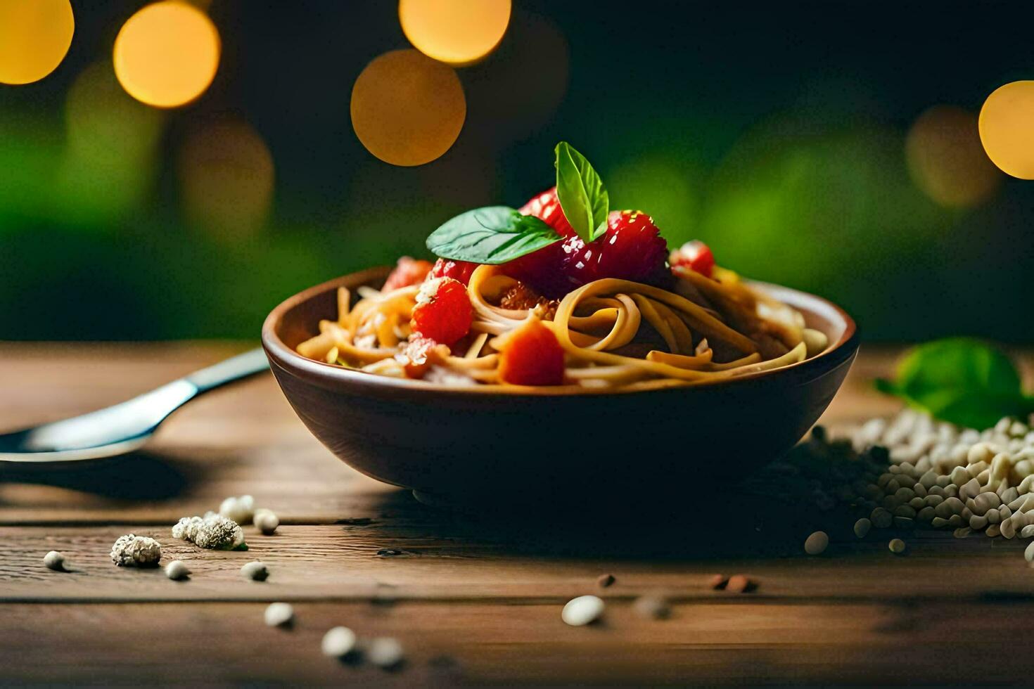 ein Schüssel von Pasta mit Tomaten und Basilikum auf ein hölzern Tisch. KI-generiert foto