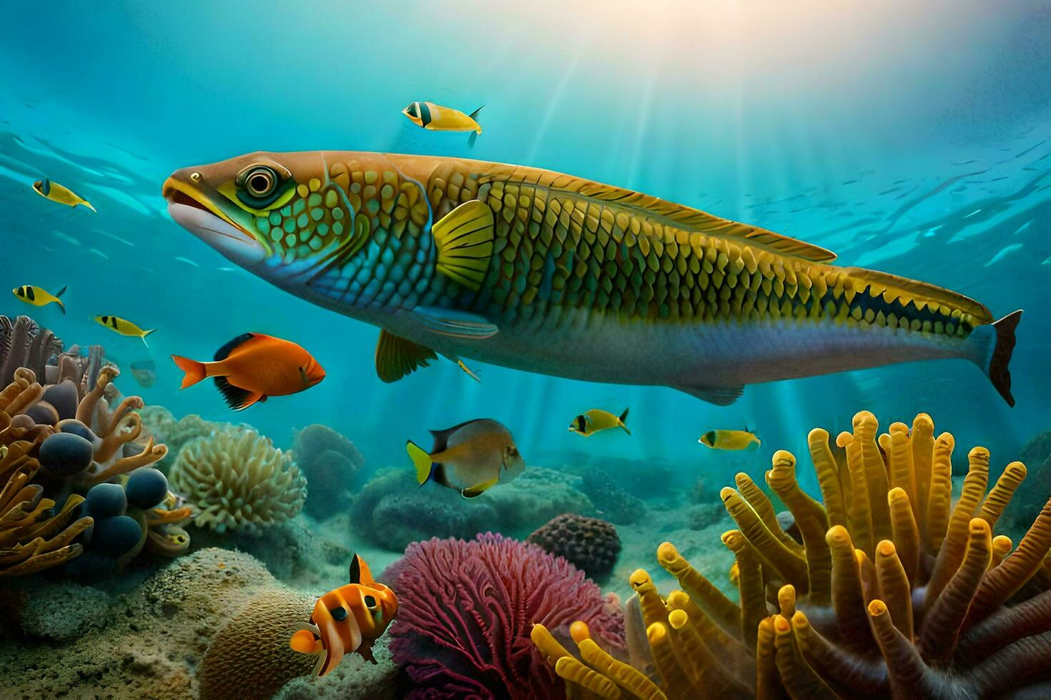 ein Fisch Schwimmen Über ein Koralle Riff mit viele Fisch. KI-generiert foto