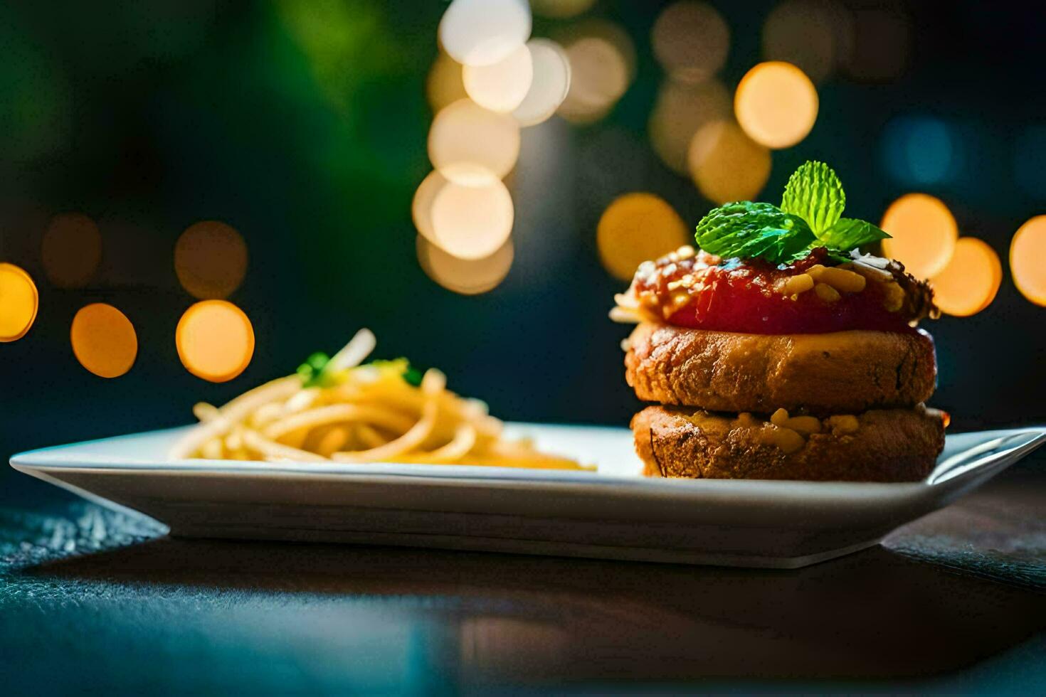 ein Teller mit ein Burger und Pasta auf Es. KI-generiert foto