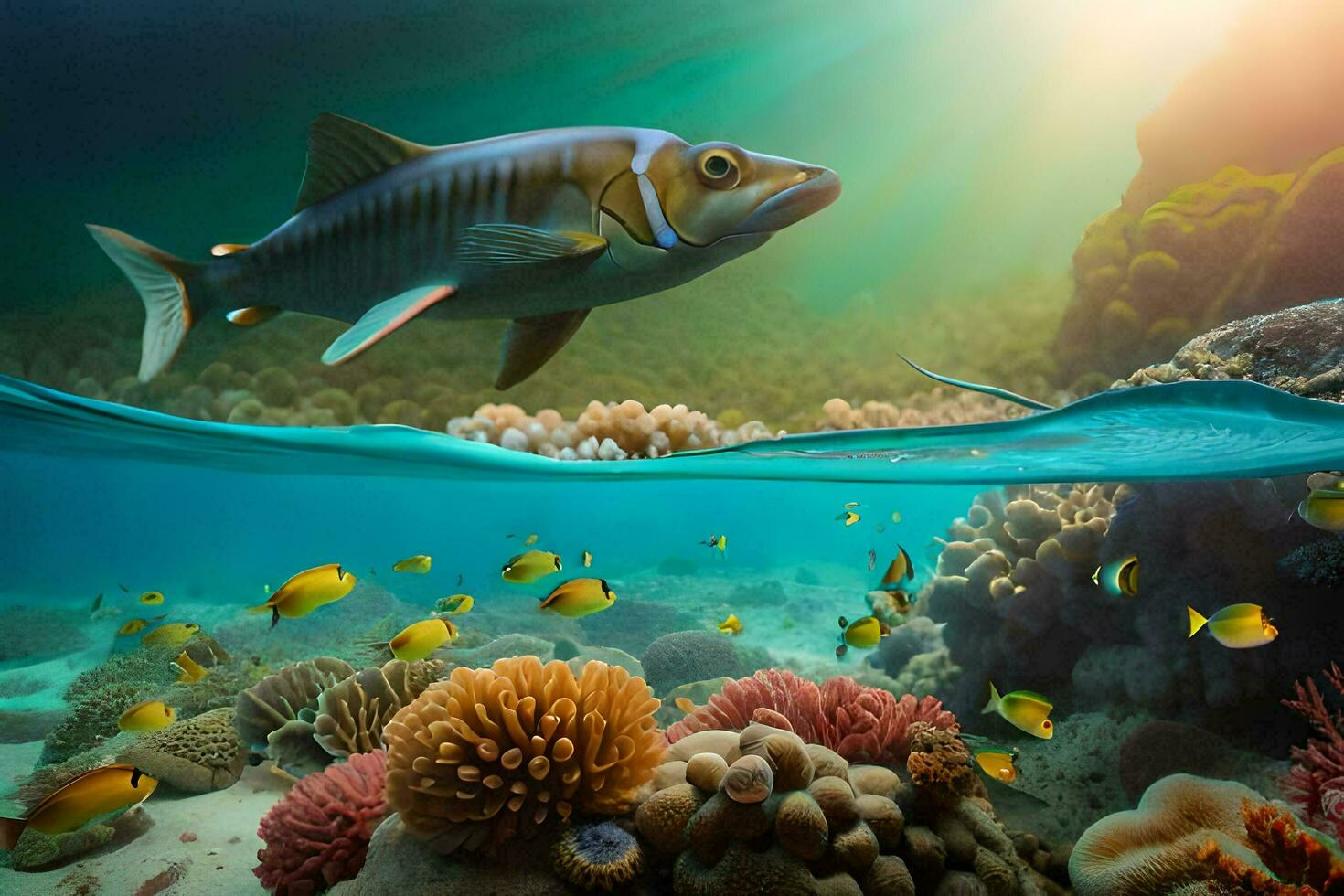 ein unter Wasser Szene mit Fisch und Koralle Riff. KI-generiert foto