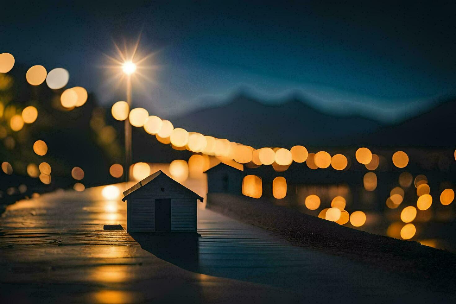 ein klein Haus auf das Seite von ein Straße beim Nacht. KI-generiert foto