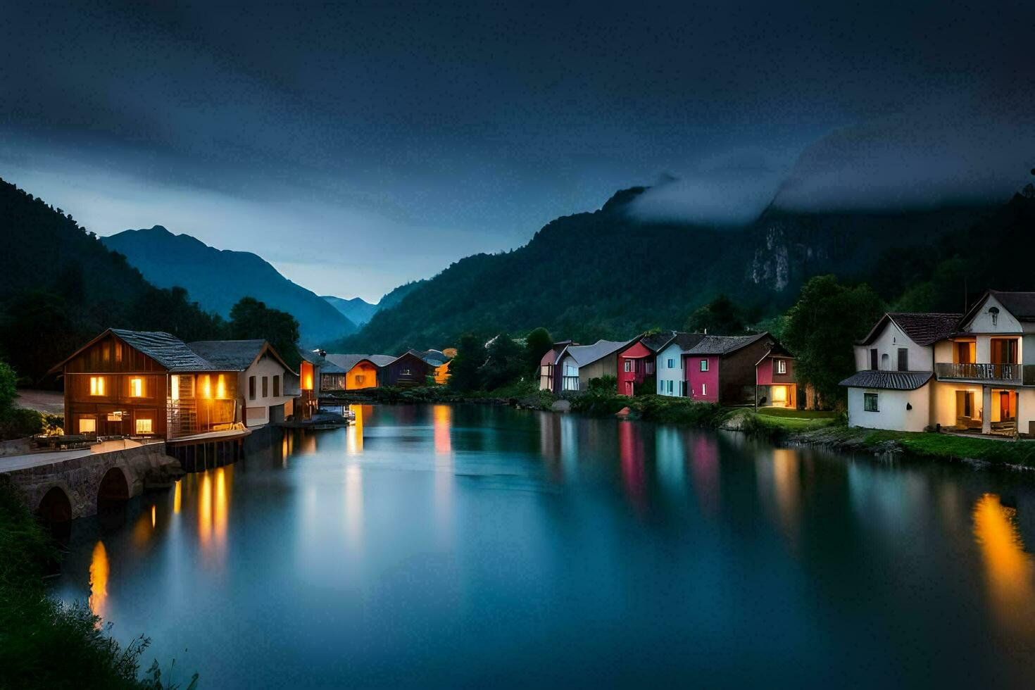 Foto Hintergrund das Himmel, Berge, Fluss, Häuser, Nacht, das Dorf, das Fluss,. KI-generiert