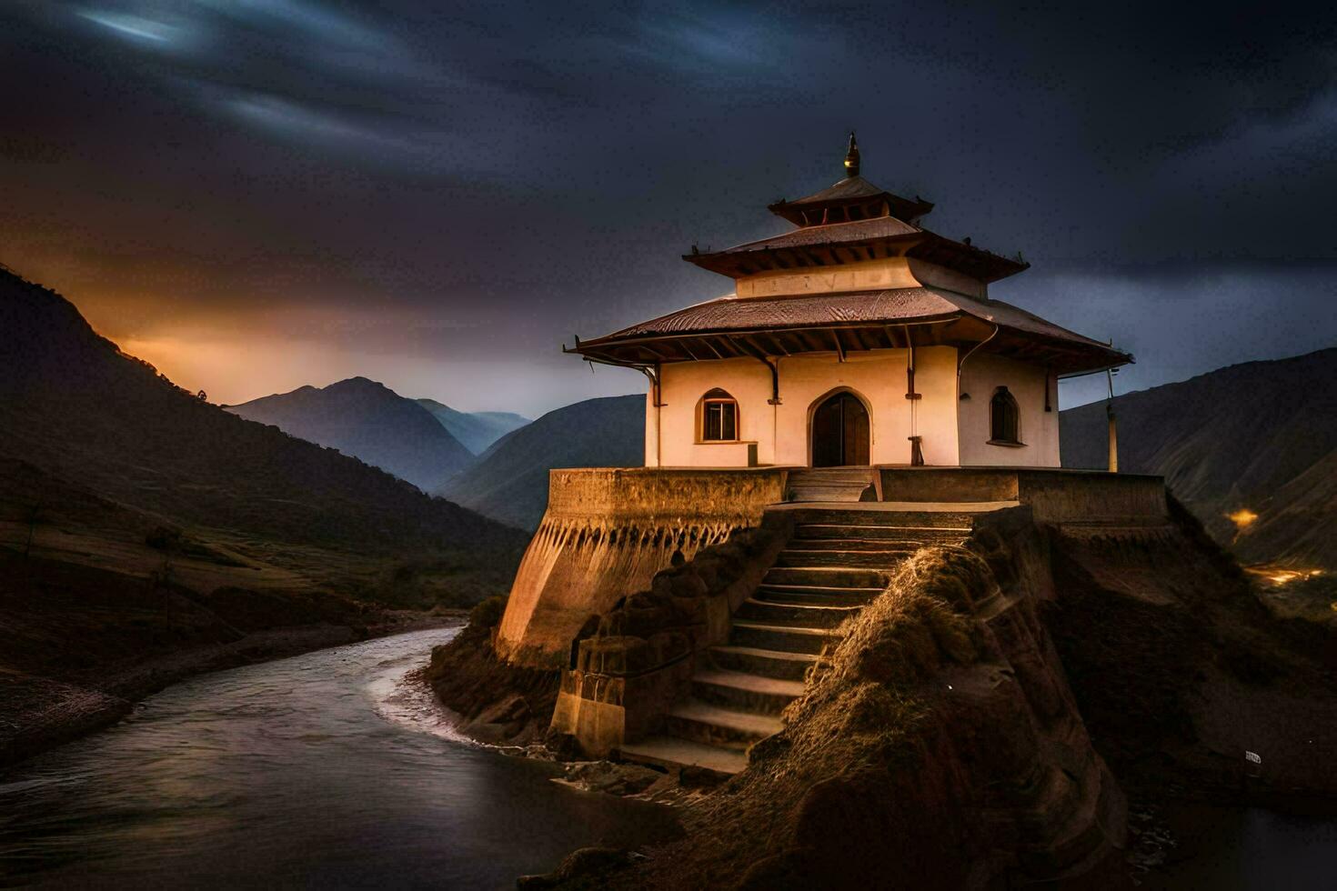 ein klein Buddhist Tempel sitzt auf das Kante von ein Fluss. KI-generiert foto