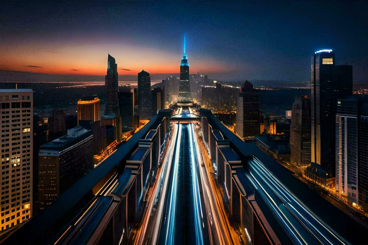 ein Stadt beim Nacht mit der Verkehr Beleuchtung und Gebäude. KI-generiert foto