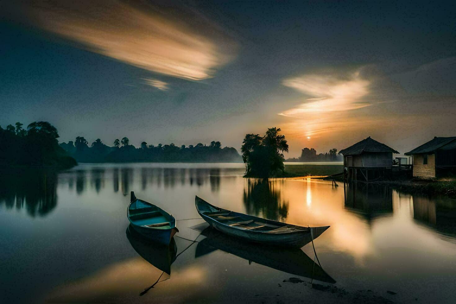 zwei Boote sitzen auf das Wasser beim Sonnenuntergang. KI-generiert foto