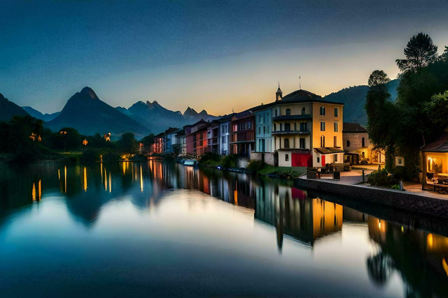 ein Fluss im das Mitte von ein Stadt, Dorf beim Dämmerung. KI-generiert foto