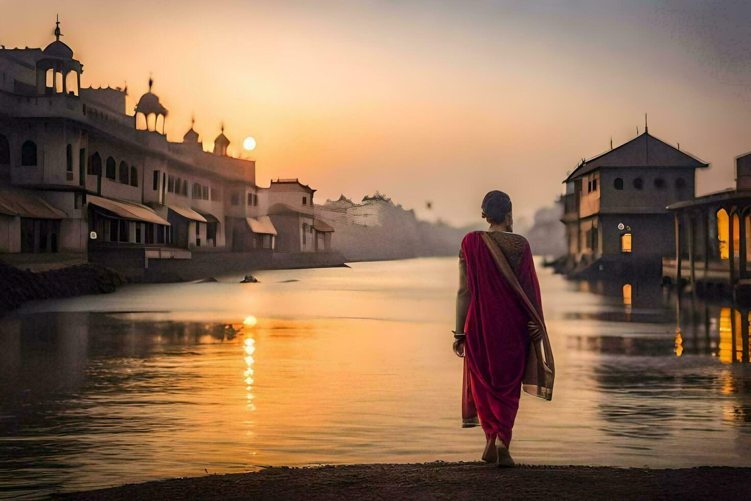 ein Frau im ein rot Sari steht auf das Kante von ein Fluss beim Sonnenuntergang. KI-generiert foto