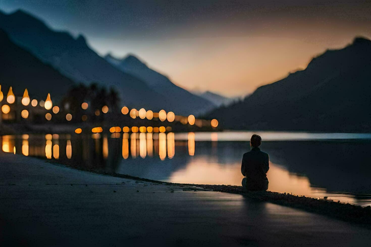 ein Mann Sitzung auf das Ufer von ein See beim Nacht. KI-generiert foto