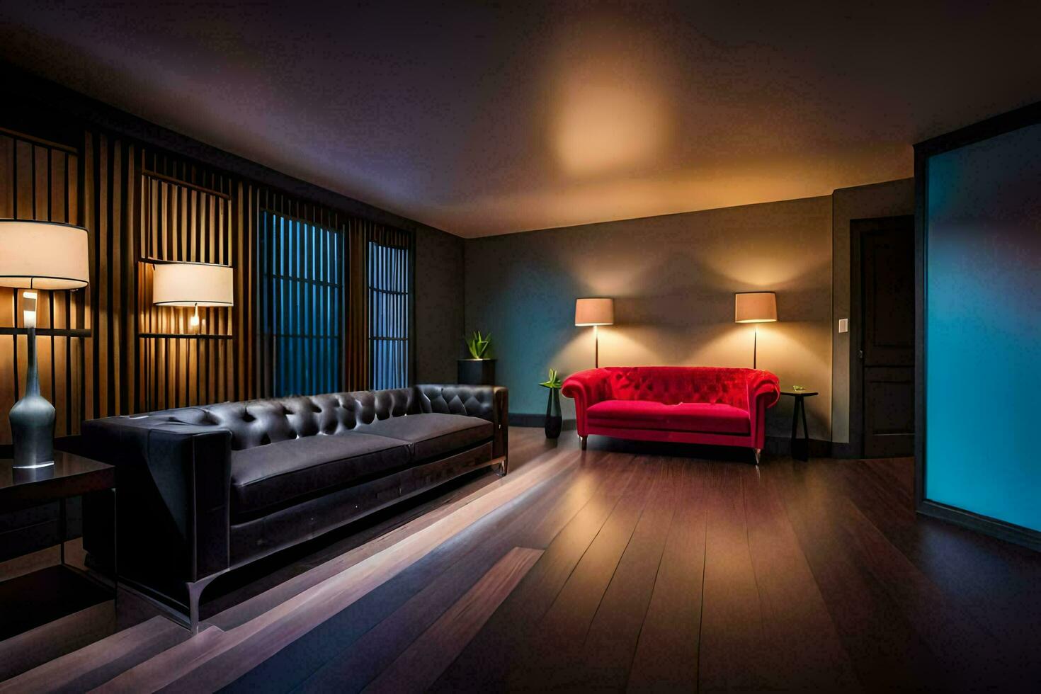 ein Leben Zimmer mit ein rot Couch und zwei Lampen. KI-generiert foto