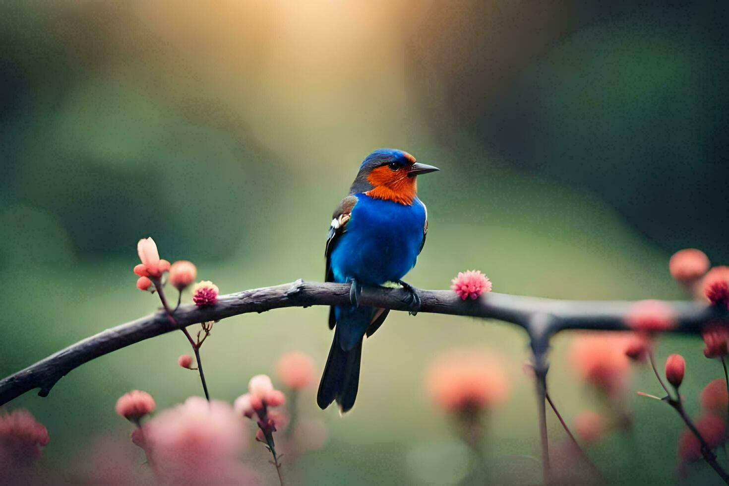 ein Blau und Orange Vogel sitzt auf ein Ast. KI-generiert foto