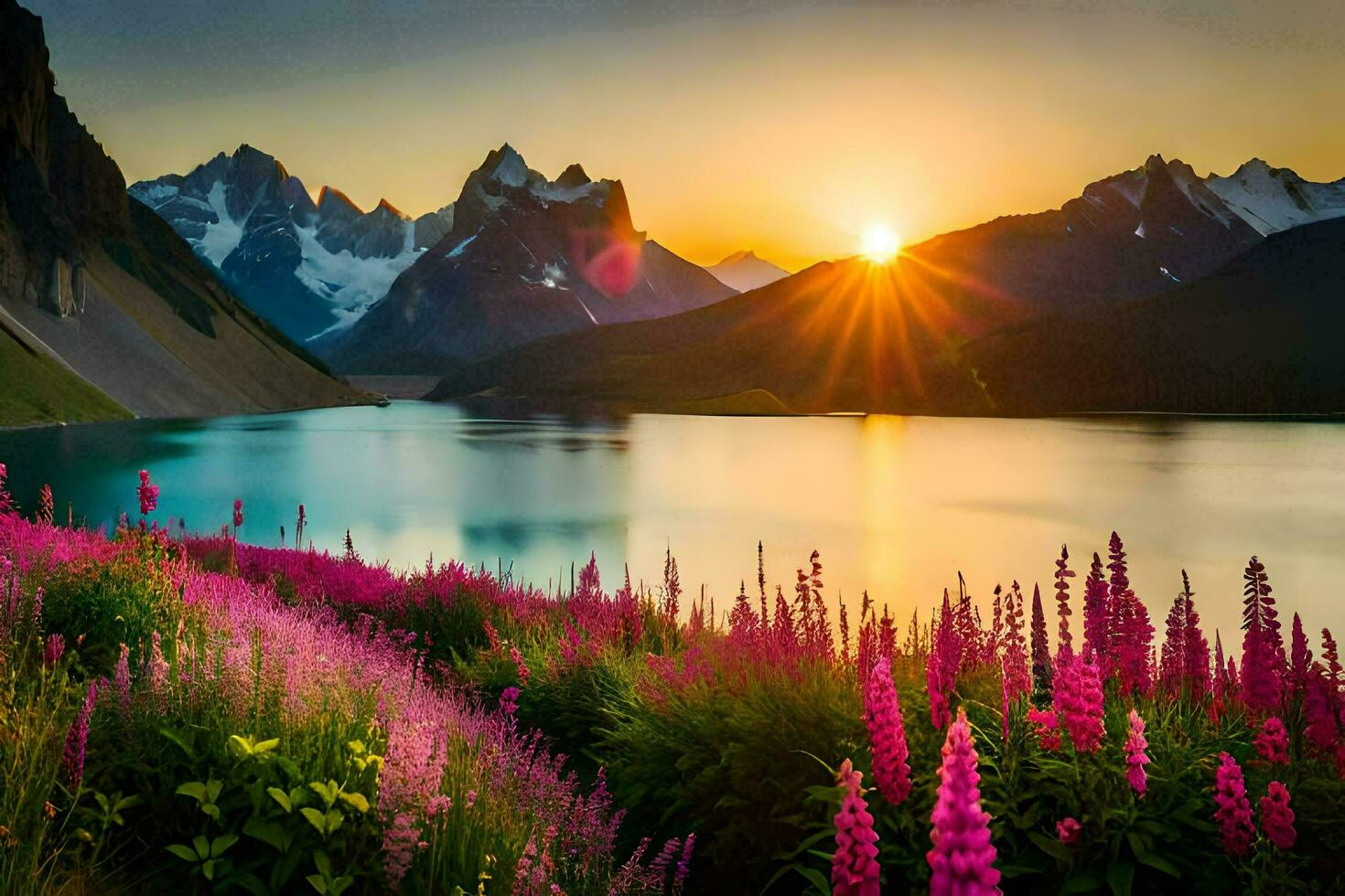 das Sonne steigt an Über ein See und Blumen im das Berge. KI-generiert foto