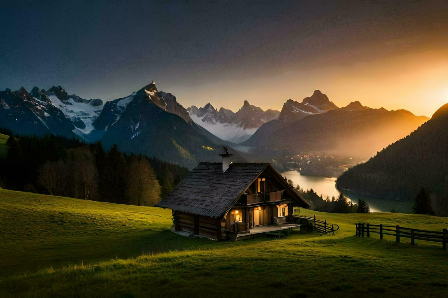 ein Kabine im das Berge beim Sonnenuntergang. KI-generiert foto