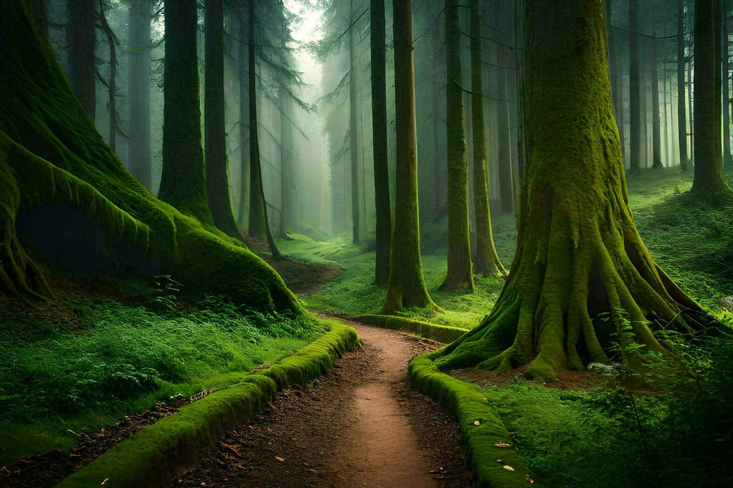 ein Pfad durch ein Grün Wald mit Bäume. KI-generiert foto